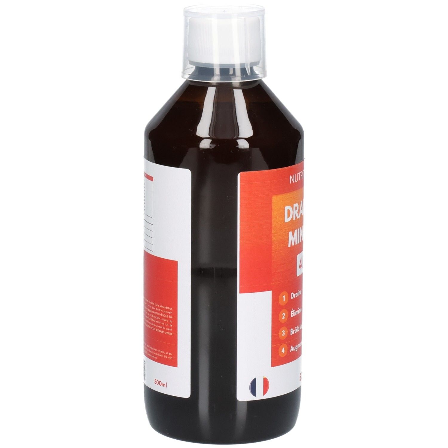 Liquide brun en bouteille avec bouchon blanc. Étiquette latérale avec texte et 500ml.