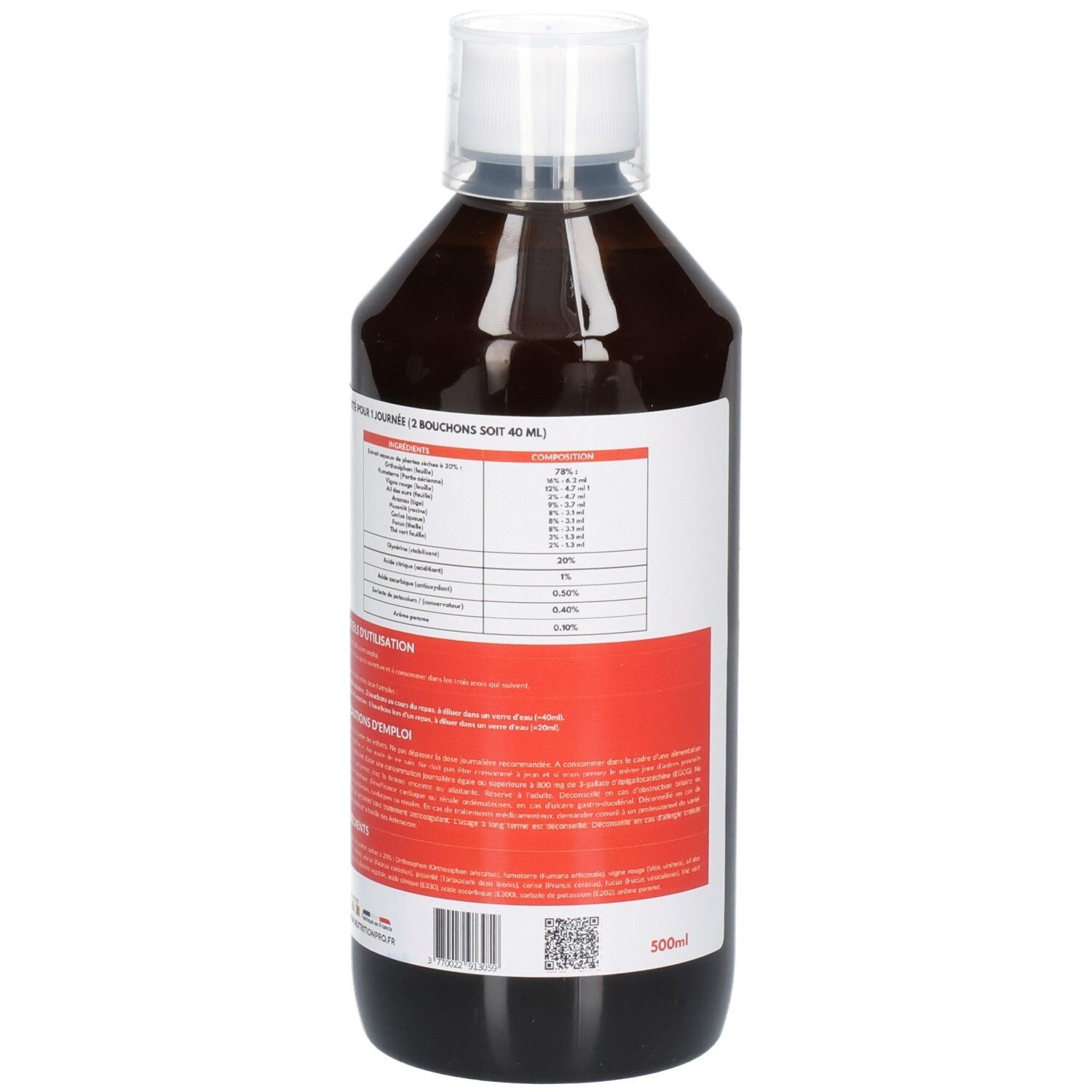 Dos d'une bouteille de liquide brun. Étiquette avec texte, ingrédients et 500ml.