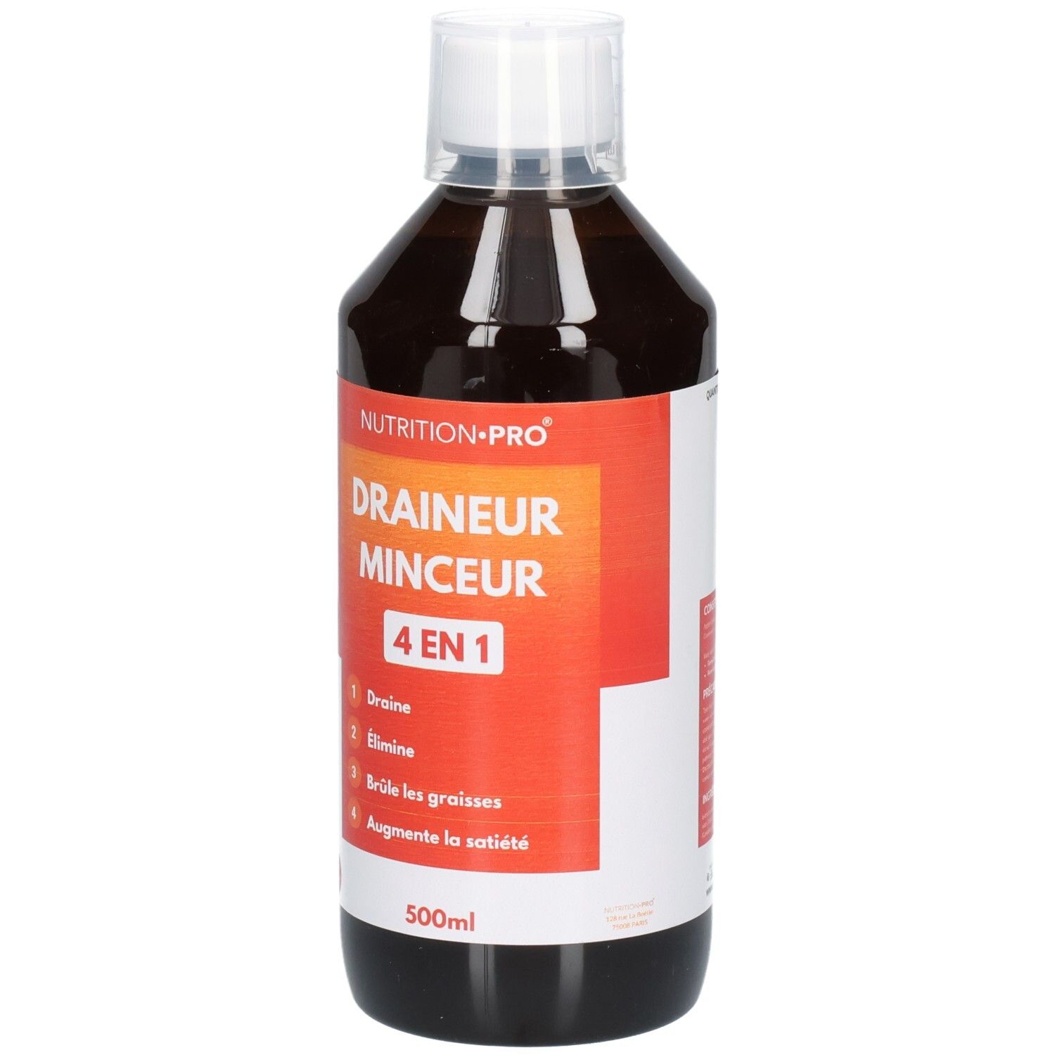Bouteille de liquide brun avec bouchon blanc. Inscription: Draineur Minceur 4 en 1. 500ml. Marque: Nutrition-Pro.
