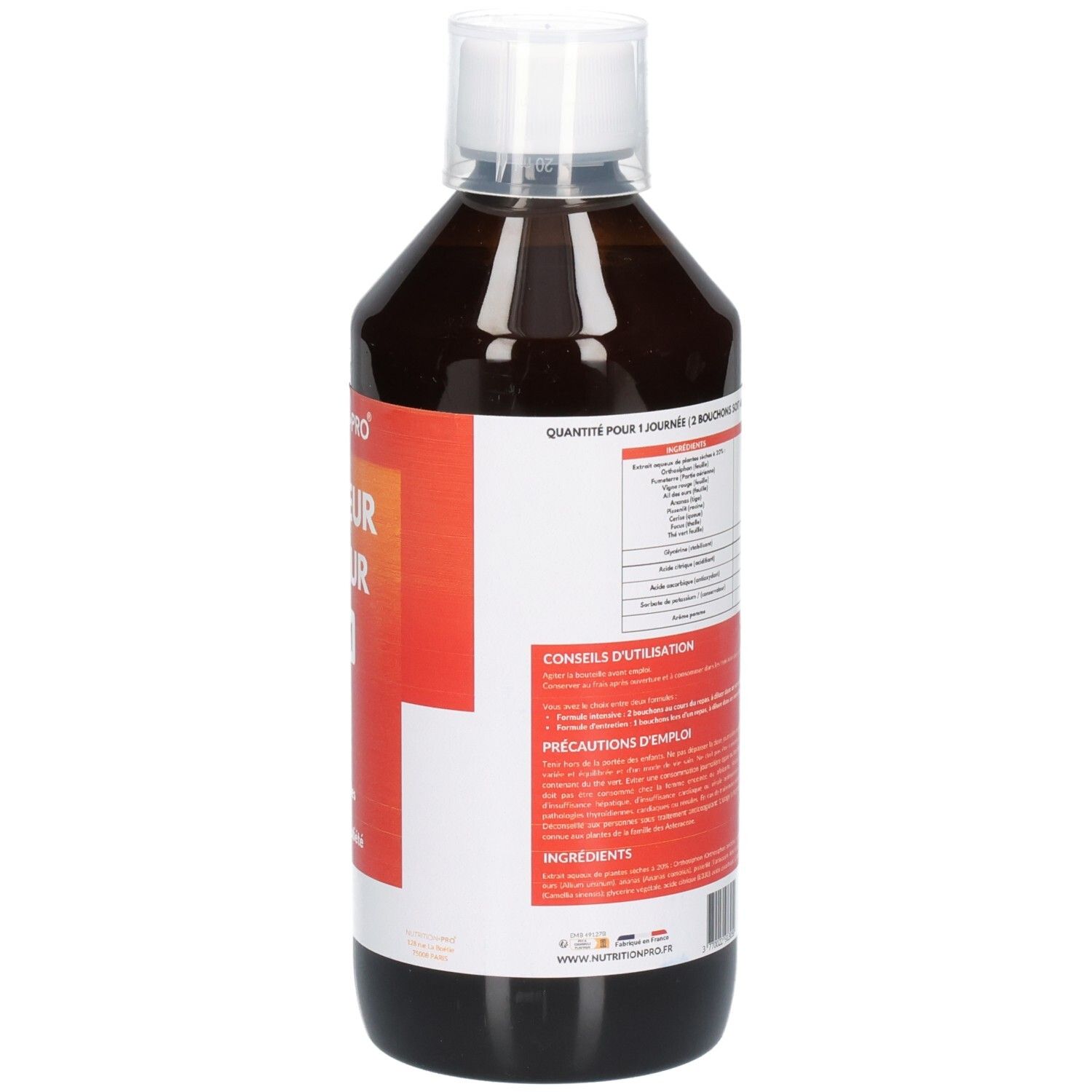Dos d'une bouteille de liquide brun. Étiquette avec texte, ingrédients et 500ml.