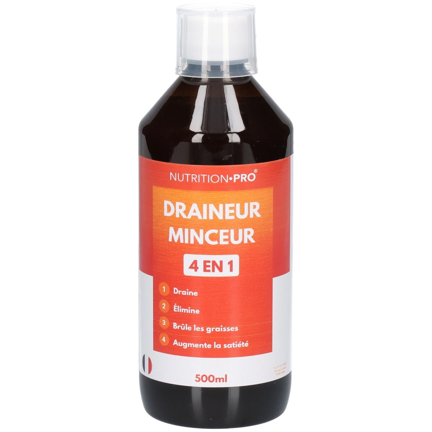 Bouteille de liquide brun avec bouchon blanc. Inscription: Draineur Minceur 4 en 1. 500ml. Marque: Nutrition-Pro.