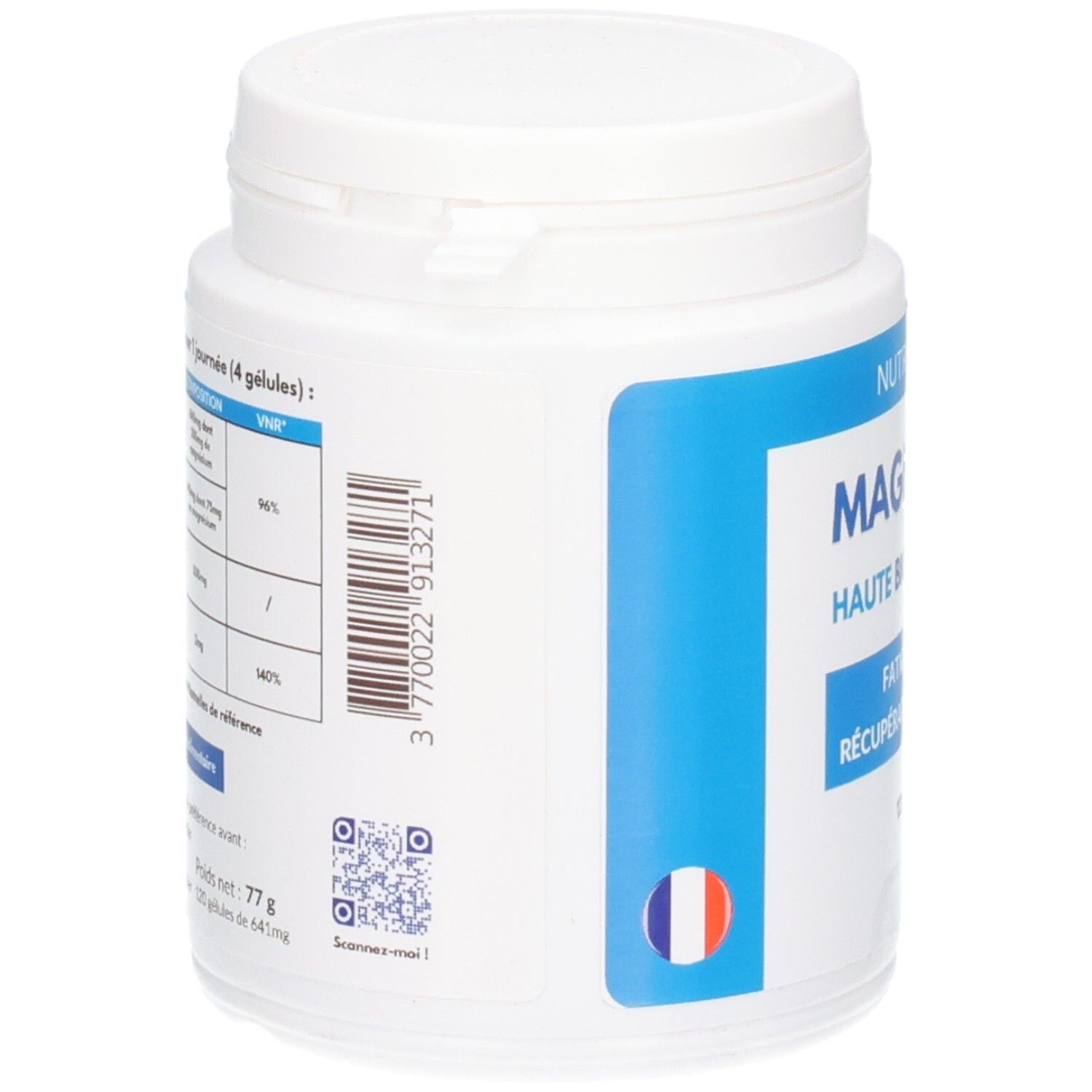 Flacon blanc, vue latérale. Code-barres, QR code, drapeau français. Texte: 120 gélules, 77 g.