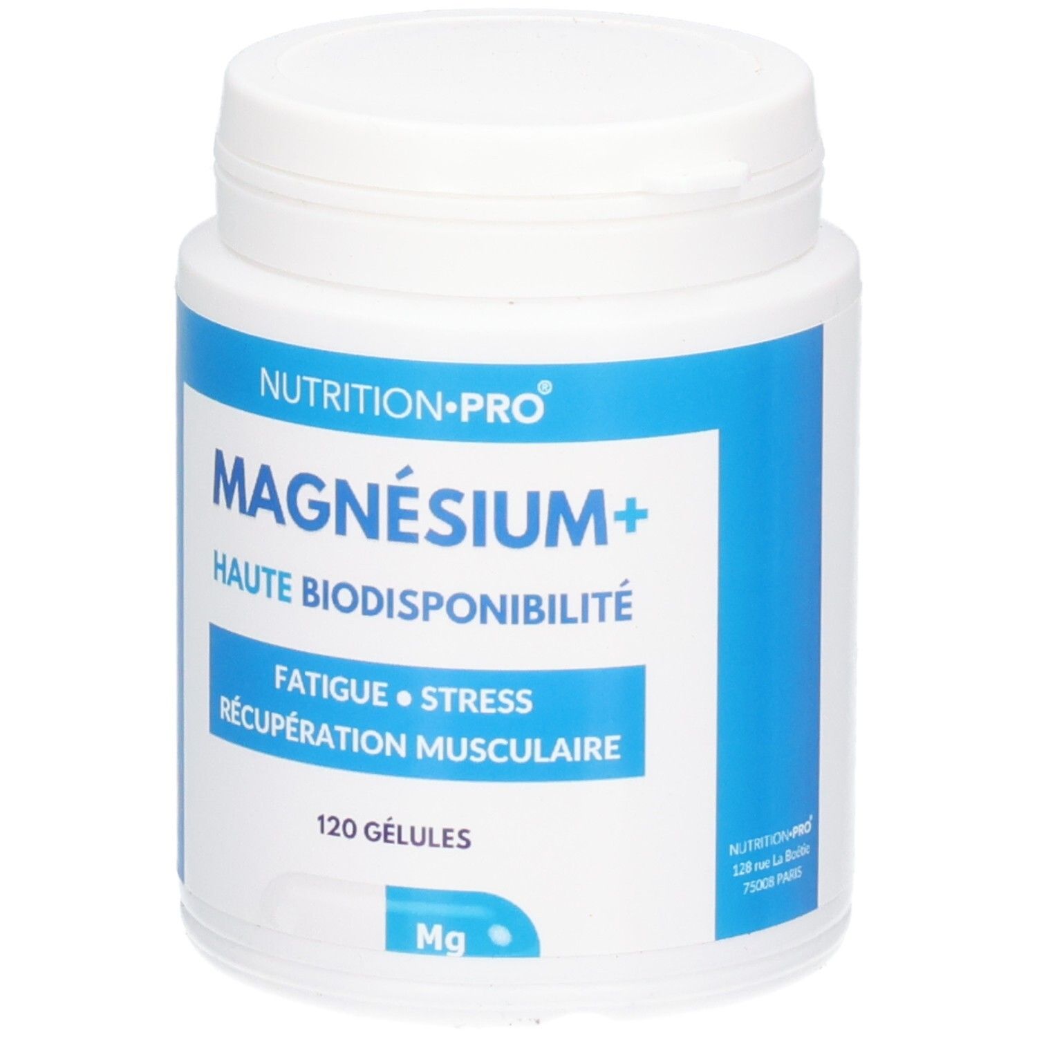Flacon blanc avec étiquette bleue. Texte: MAGNÉSIUM+, Haute biodisponibilité. 120 Gélules. Drapeau français.