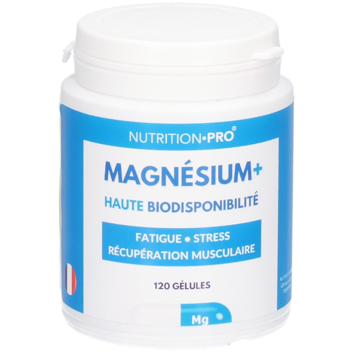 Flacon blanc avec étiquette bleue. Texte: MAGNÉSIUM+, Haute biodisponibilité. 120 Gélules. Drapeau français.
