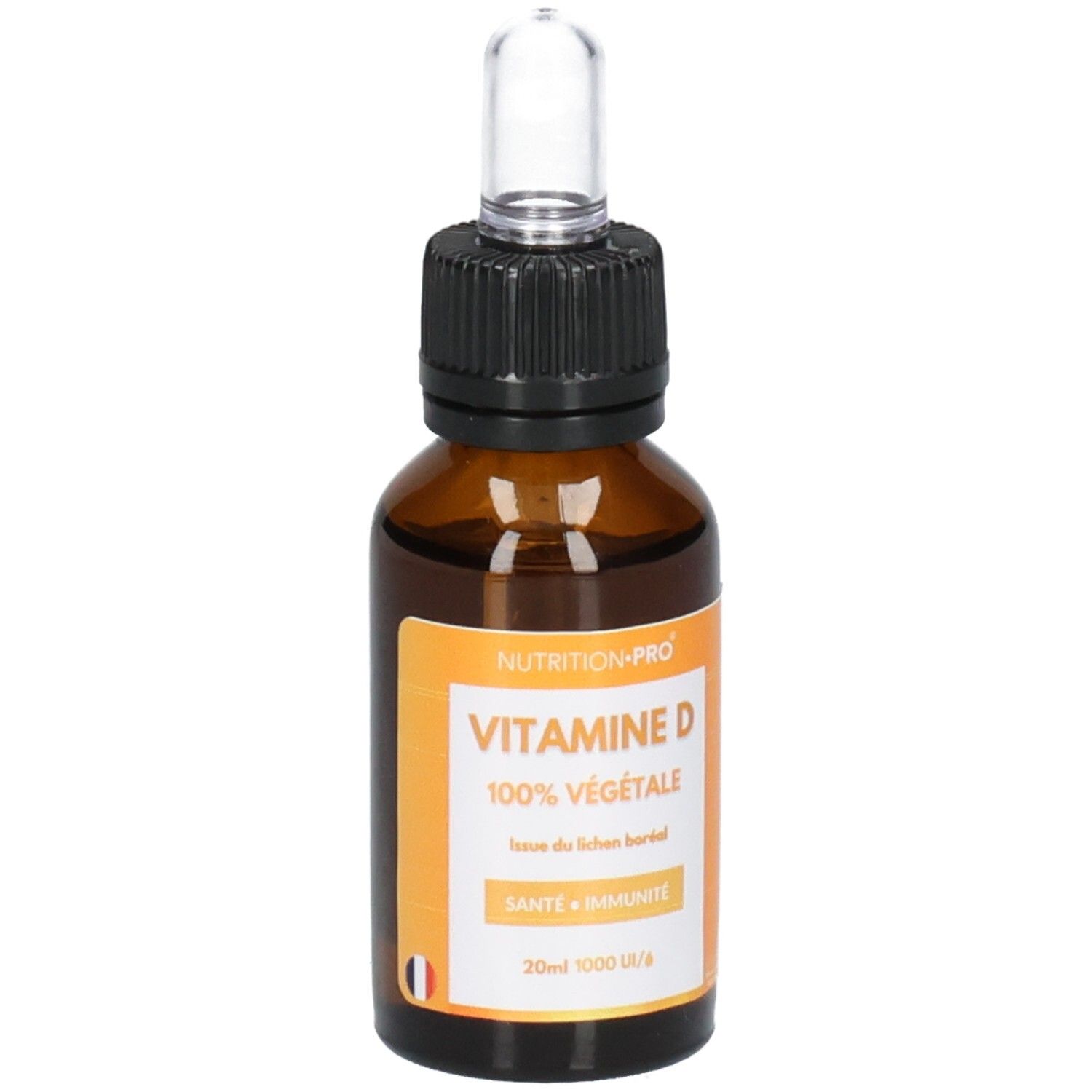 Flacon en verre brun avec bouchon noir et pipette. Étiquette avec "VITAMINE D" et "100% VEGETALE".
