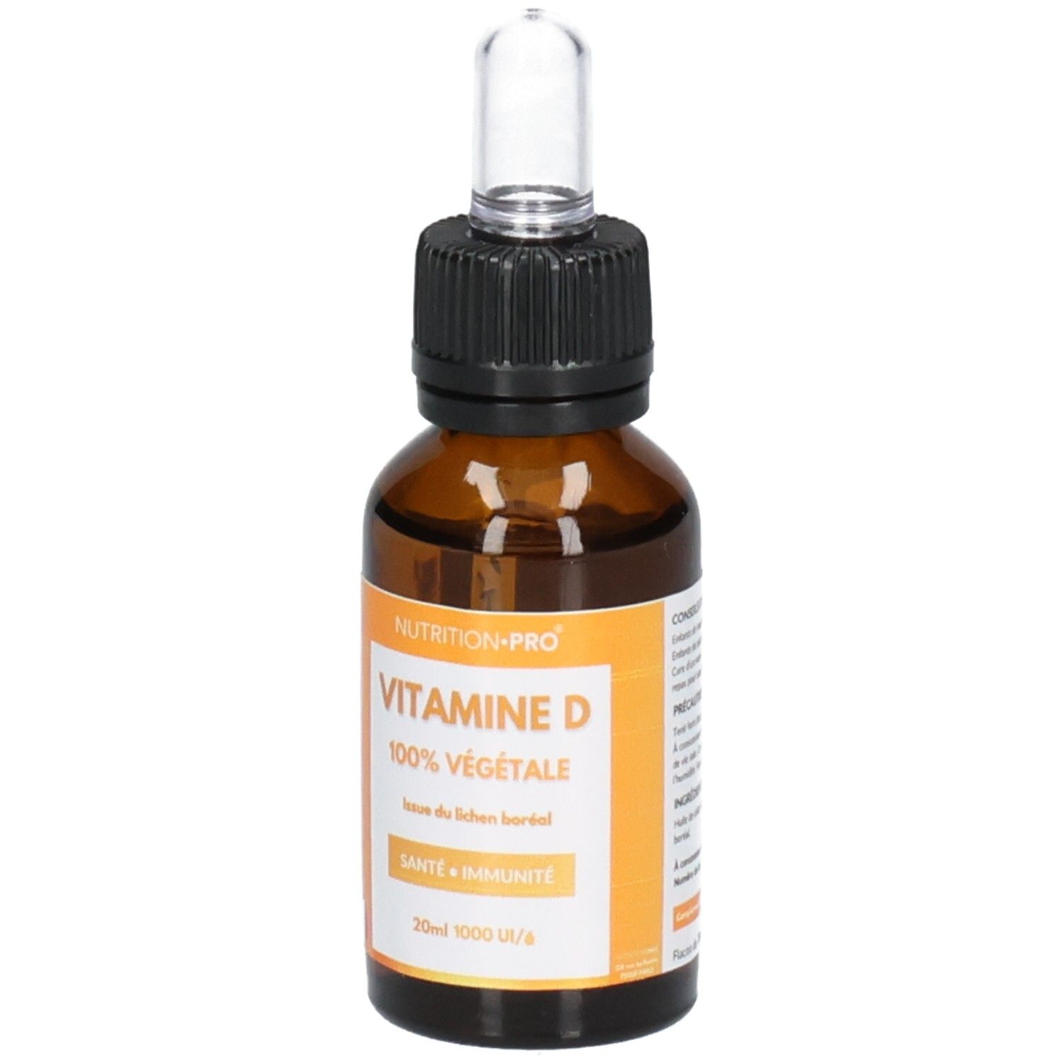 Flacon en verre brun avec bouchon noir et pipette. Étiquette avec "VITAMINE D" et "100% VEGETALE".