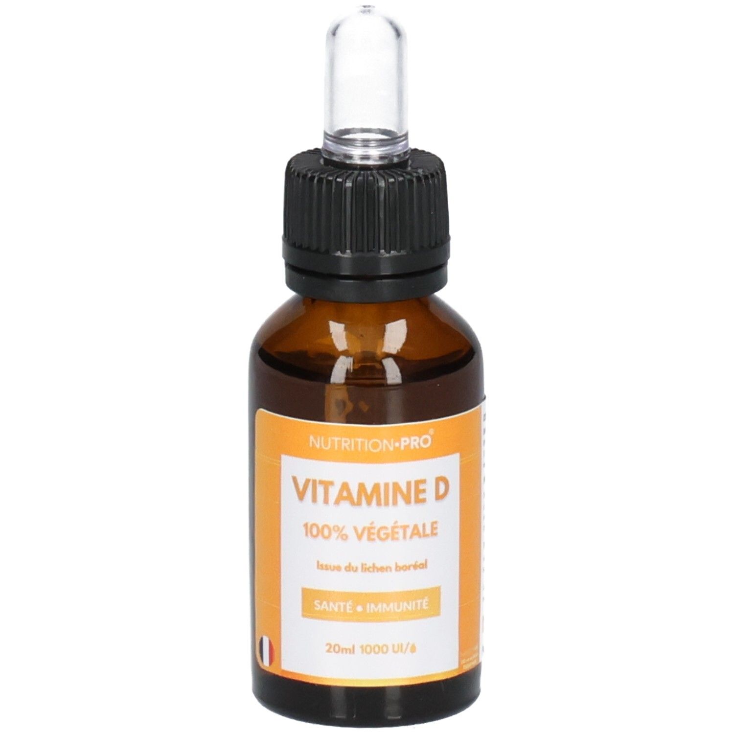 Flacon en verre brun avec bouchon noir et pipette. Étiquette avec "VITAMINE D" et "100% VEGETALE".