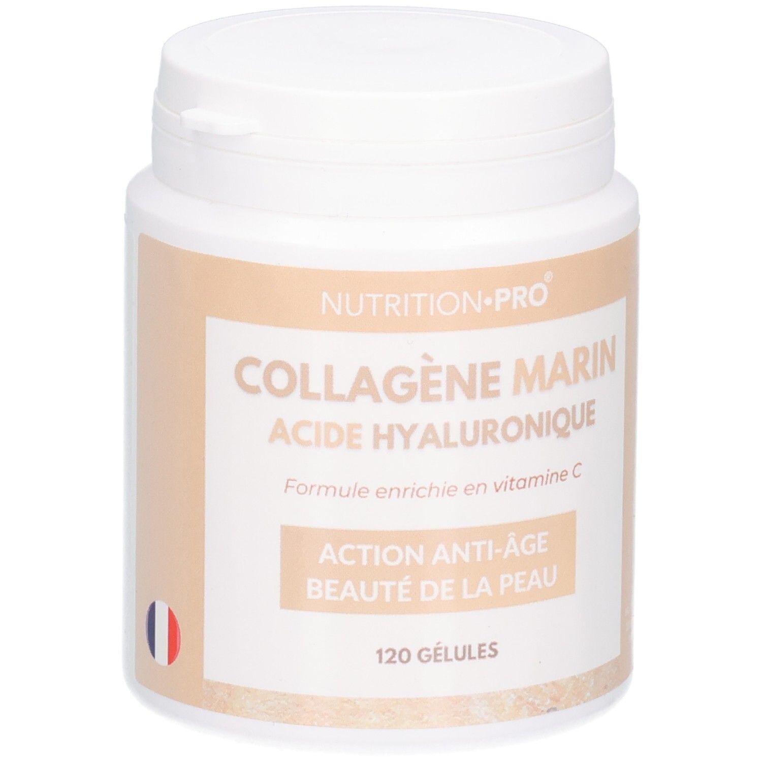 Pot blanc avec étiquette : Collagène Marin, Acide Hyaluronique, Vitamine C. 120 gélules.