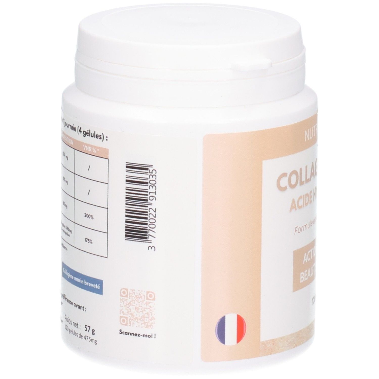 Arrière d'un pot avec informations nutritionnelles, code-barres et QR code. 57g.