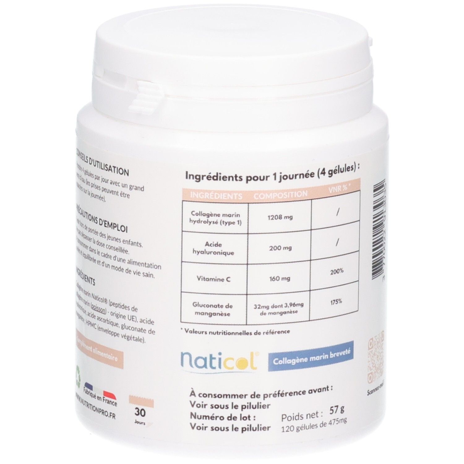 Liste détaillée des ingrédients au dos d'un pot. Collagène, Acide Hyaluronique, Vitamine C.