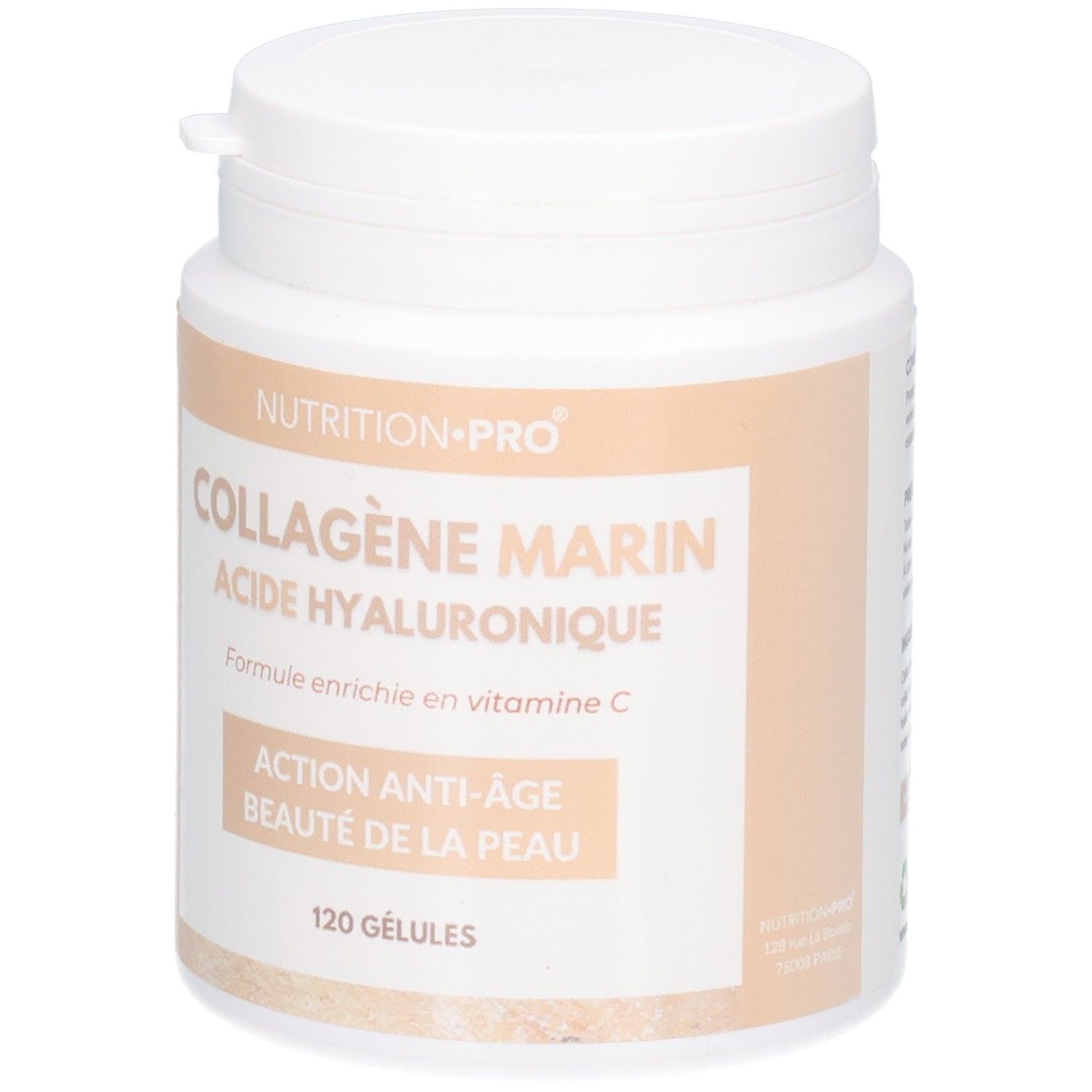 Pot blanc avec étiquette : Collagène Marin, Acide Hyaluronique, Vitamine C. 120 gélules.