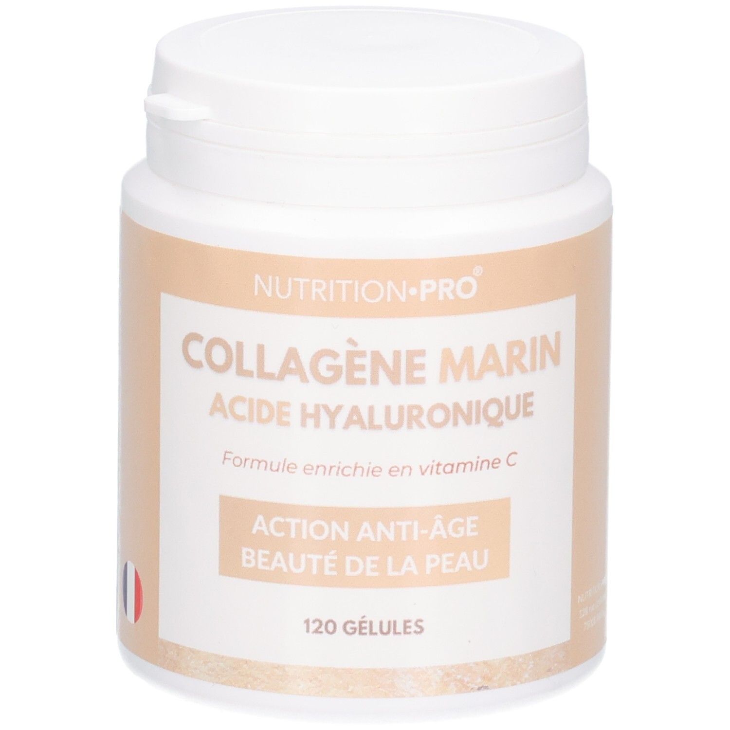 Pot blanc avec étiquette : Collagène Marin, Acide Hyaluronique, Vitamine C. 120 gélules.