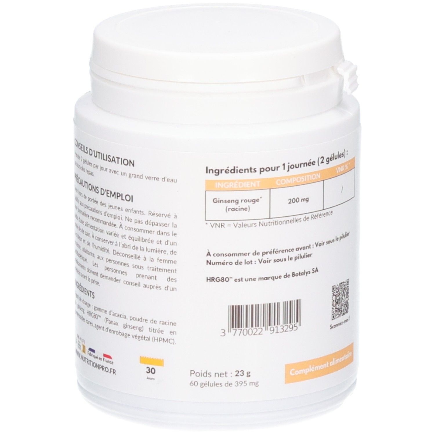 Flacon blanc, dos. Texte sur étiquette orange. Liste des ingrédients. Drapeau français. 60 gélules, 23g. Complément alimentaire.