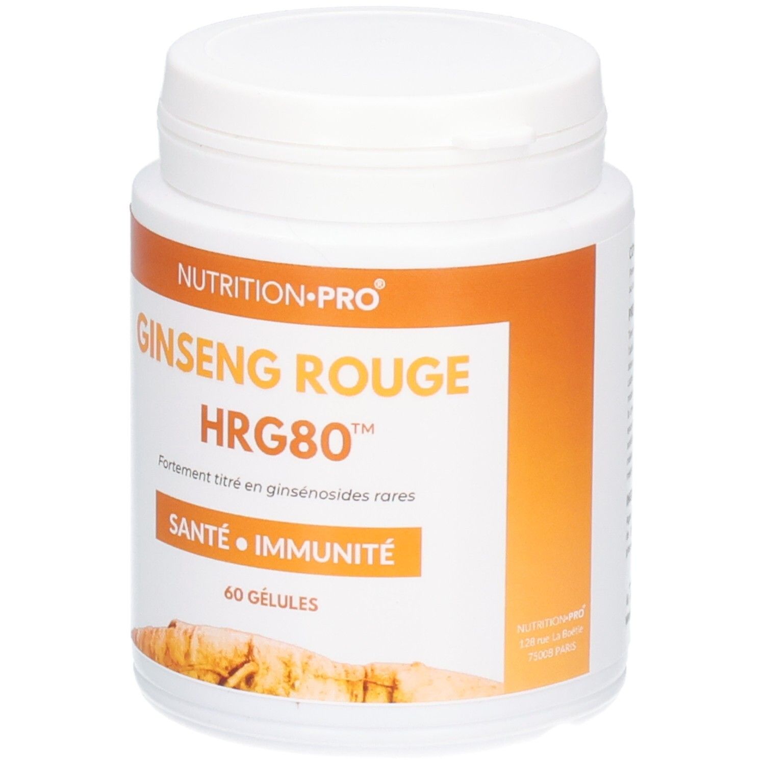 Flacon blanc avec étiquette orange. Inscription: Nutrition Pro, Ginseng Rouge HRG80, Santé Immunité. 60 gélules. Drapeau français.