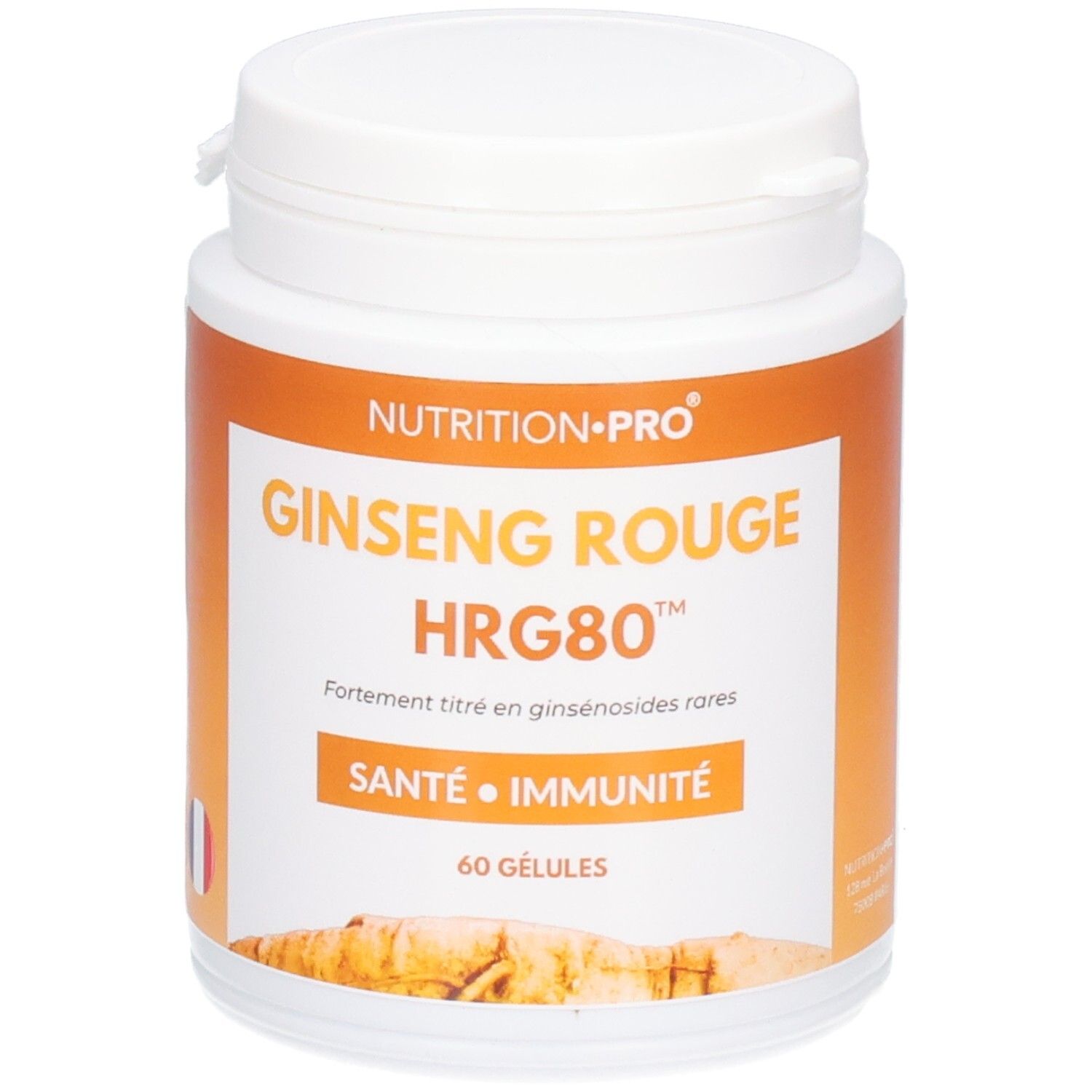 Flacon blanc avec étiquette orange. Inscription: Nutrition Pro, Ginseng Rouge HRG80, Santé Immunité. 60 gélules. Drapeau français.