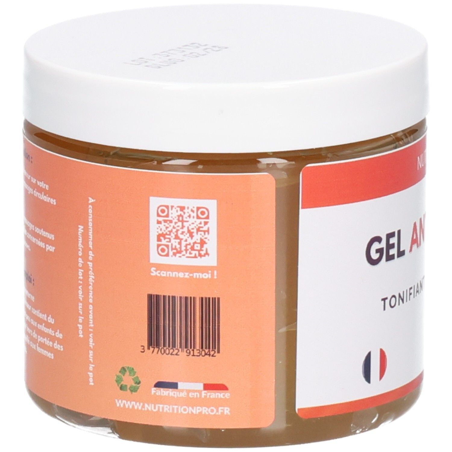 Dos du pot de GEL ANTI-CELLULITE. Code QR, code-barres, logo de fabrication française. Texte en français.