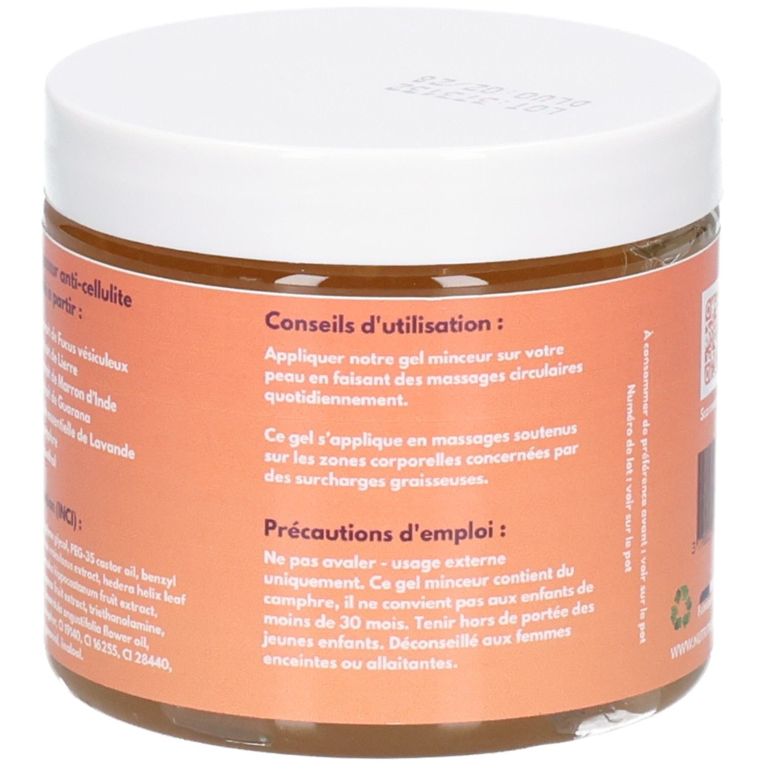 Dos du pot de GEL ANTI-CELLULITE. Texte en français : conseils d'utilisation et précautions d'emploi.