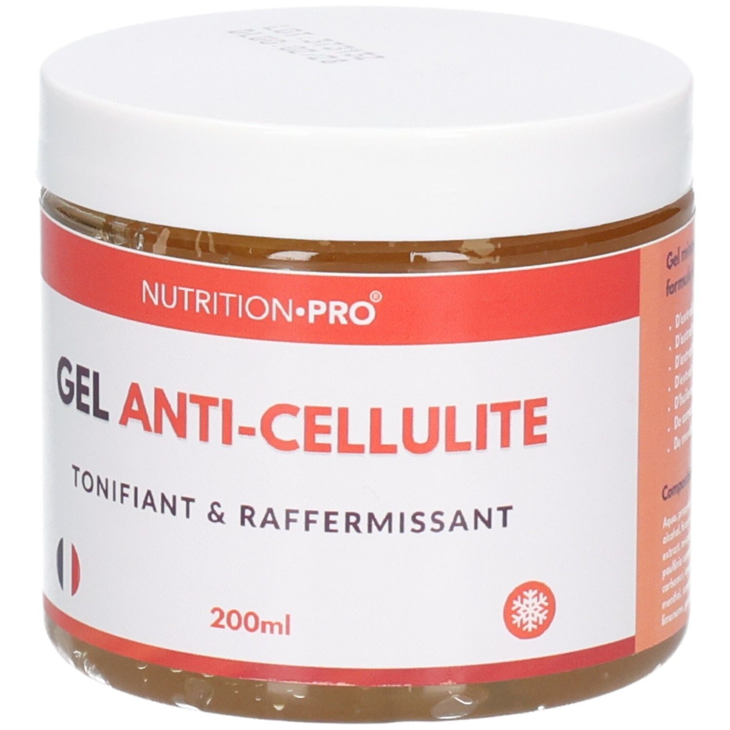 Pot de GEL ANTI-CELLULITE. Couvercle blanc, bande rouge avec texte. Drapeau français. Inscription: TONIFIANT & RAFFERMISSANT. Flocon de neige.