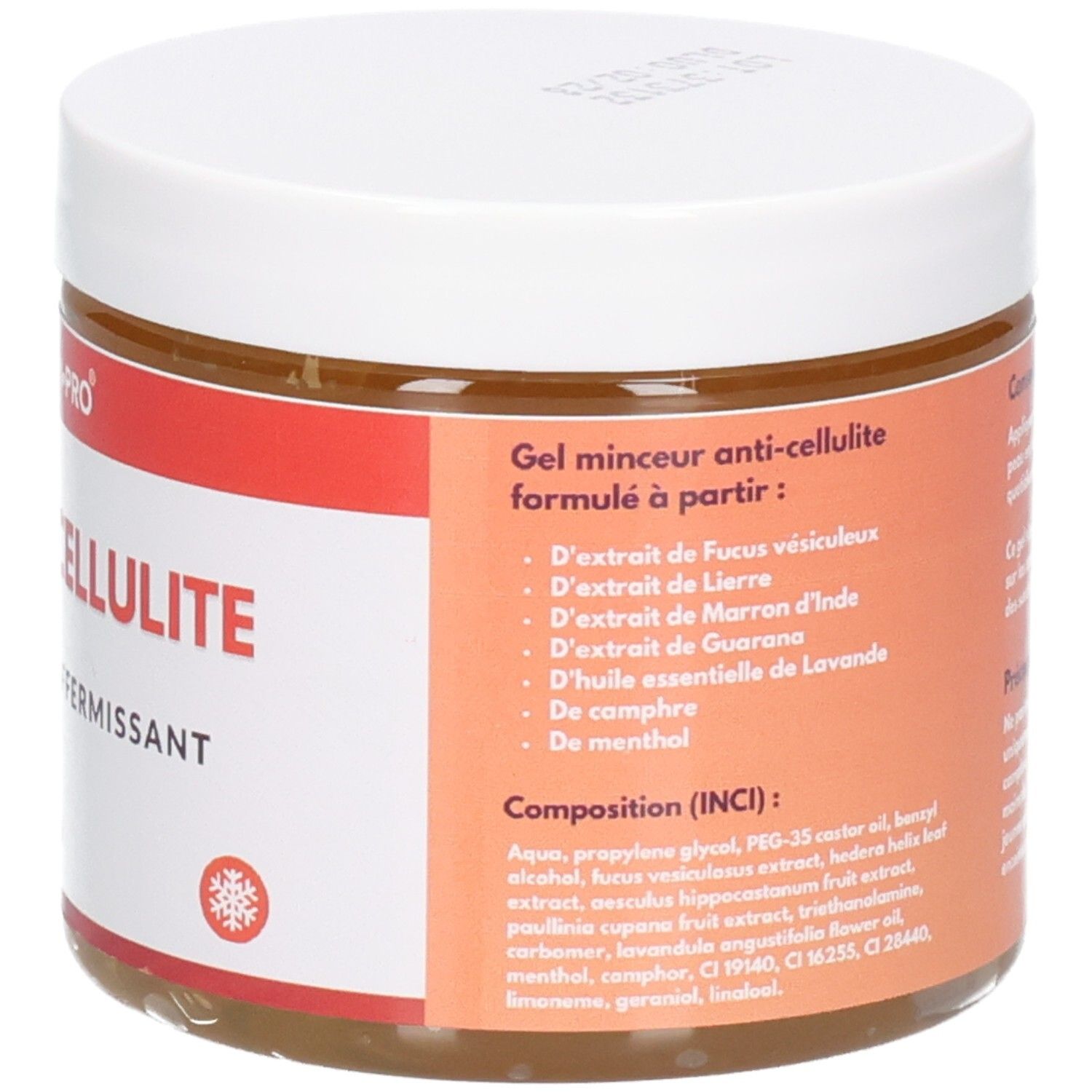 Dos du pot de GEL ANTI-CELLULITE. Texte en français : ingrédients et composition.