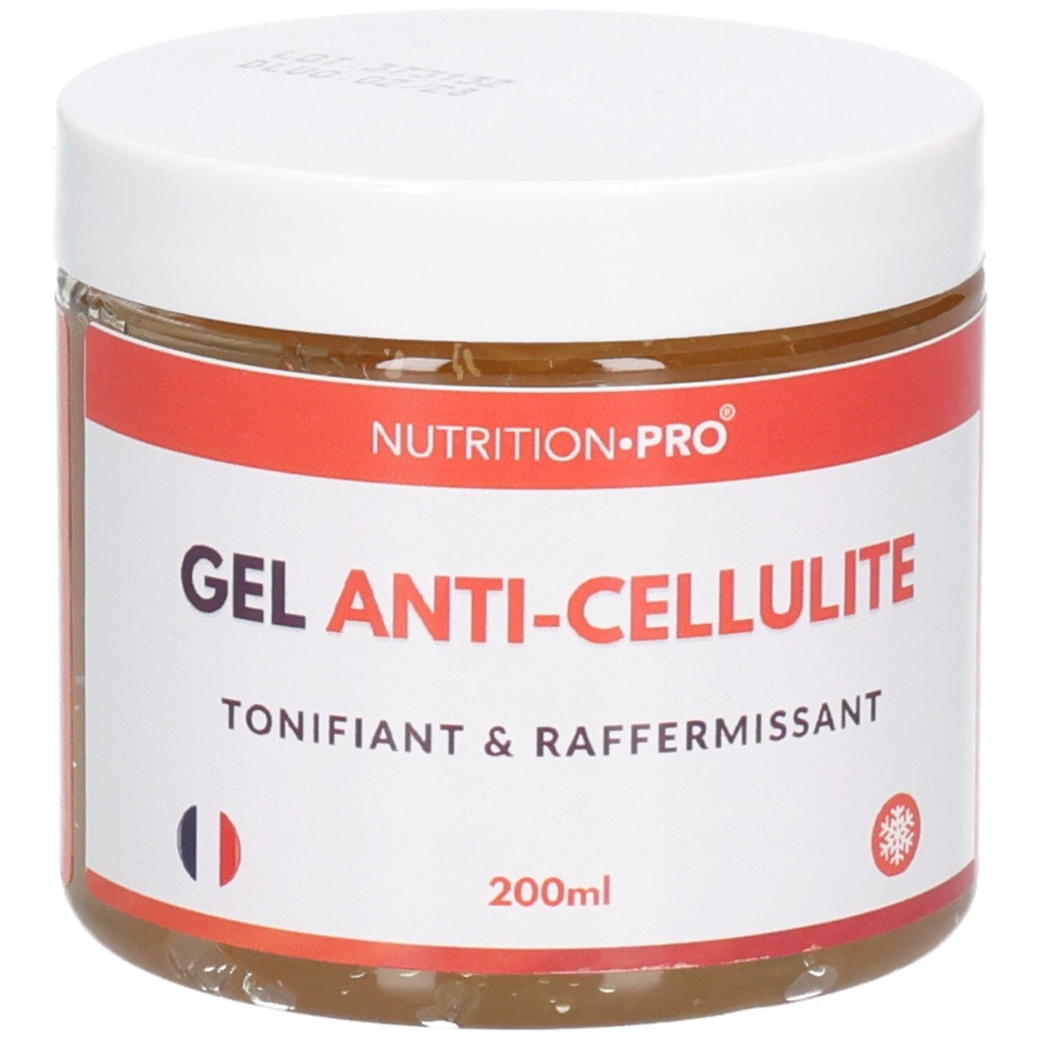 Pot de GEL ANTI-CELLULITE. Couvercle blanc, bande rouge avec texte. Drapeau français. Inscription: TONIFIANT & RAFFERMISSANT. Flocon de neige.