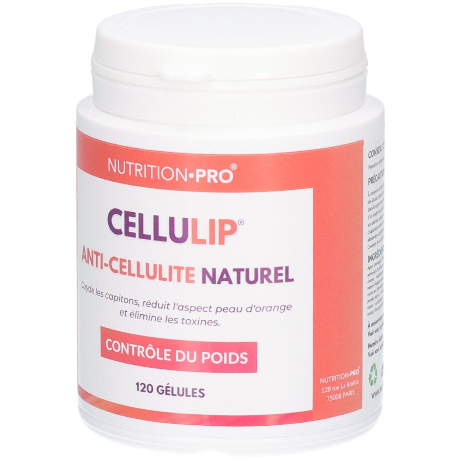 Pot blanc avec étiquette orange indiquant "CELLULIP ANTI-CELLULITE NATUREL" et "CONTRÔLE DU POIDS". Contient 120 gélules.