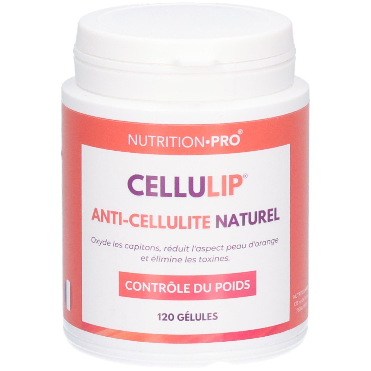 Pot blanc avec étiquette orange indiquant "CELLULIP ANTI-CELLULITE NATUREL" et "CONTRÔLE DU POIDS". Contient 120 gélules.