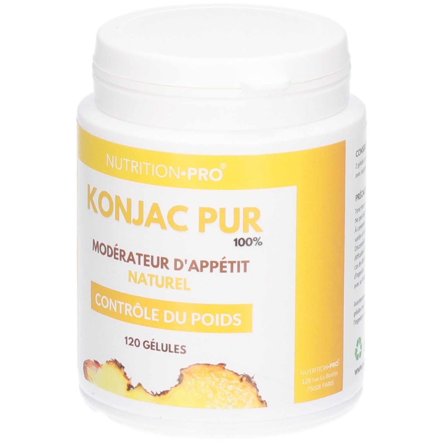 Pot blanc avec étiquette jaune : KONJAC PUR, 120 gélules.