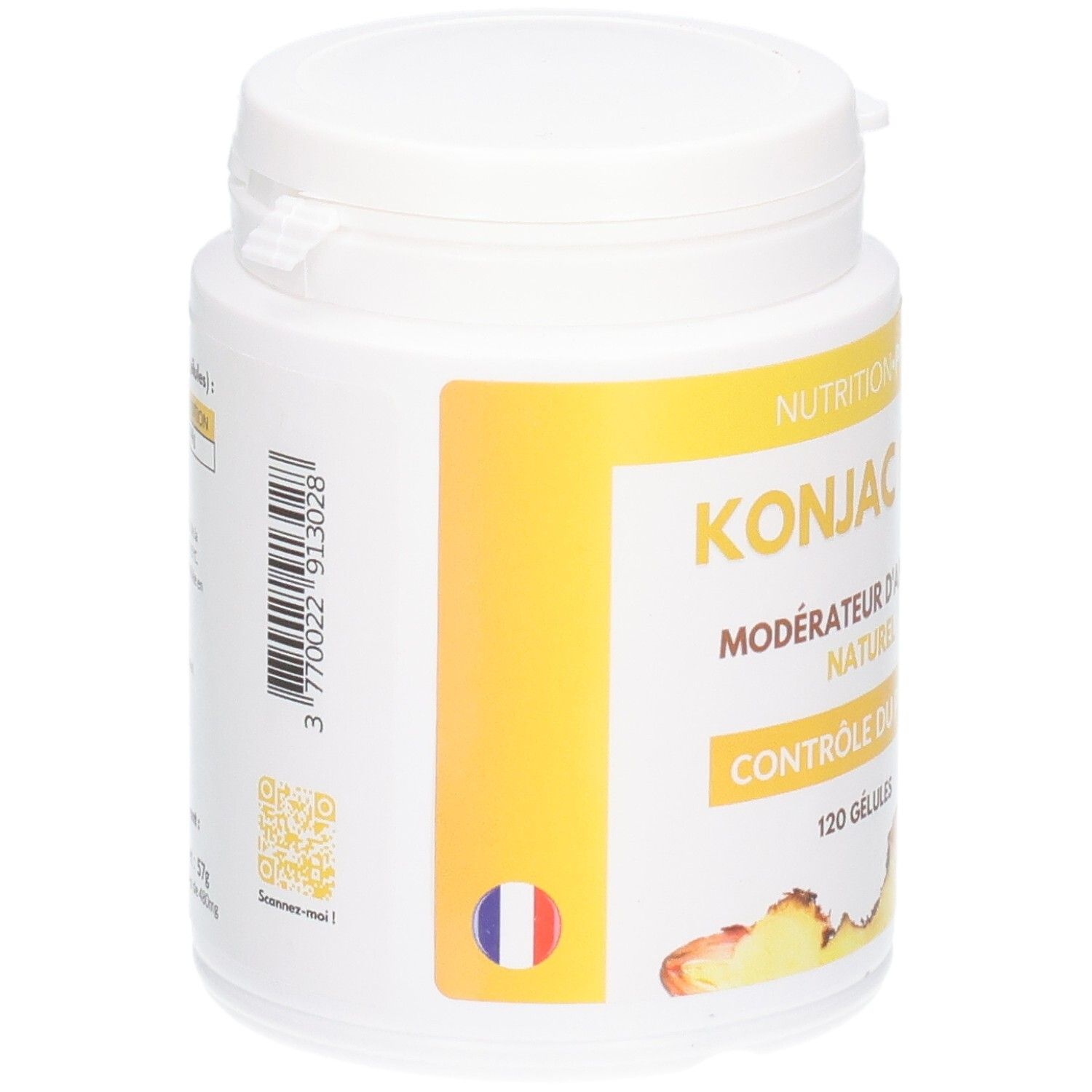 Arrière d'un pot blanc avec étiquette jaune, code-barres et drapeau français.