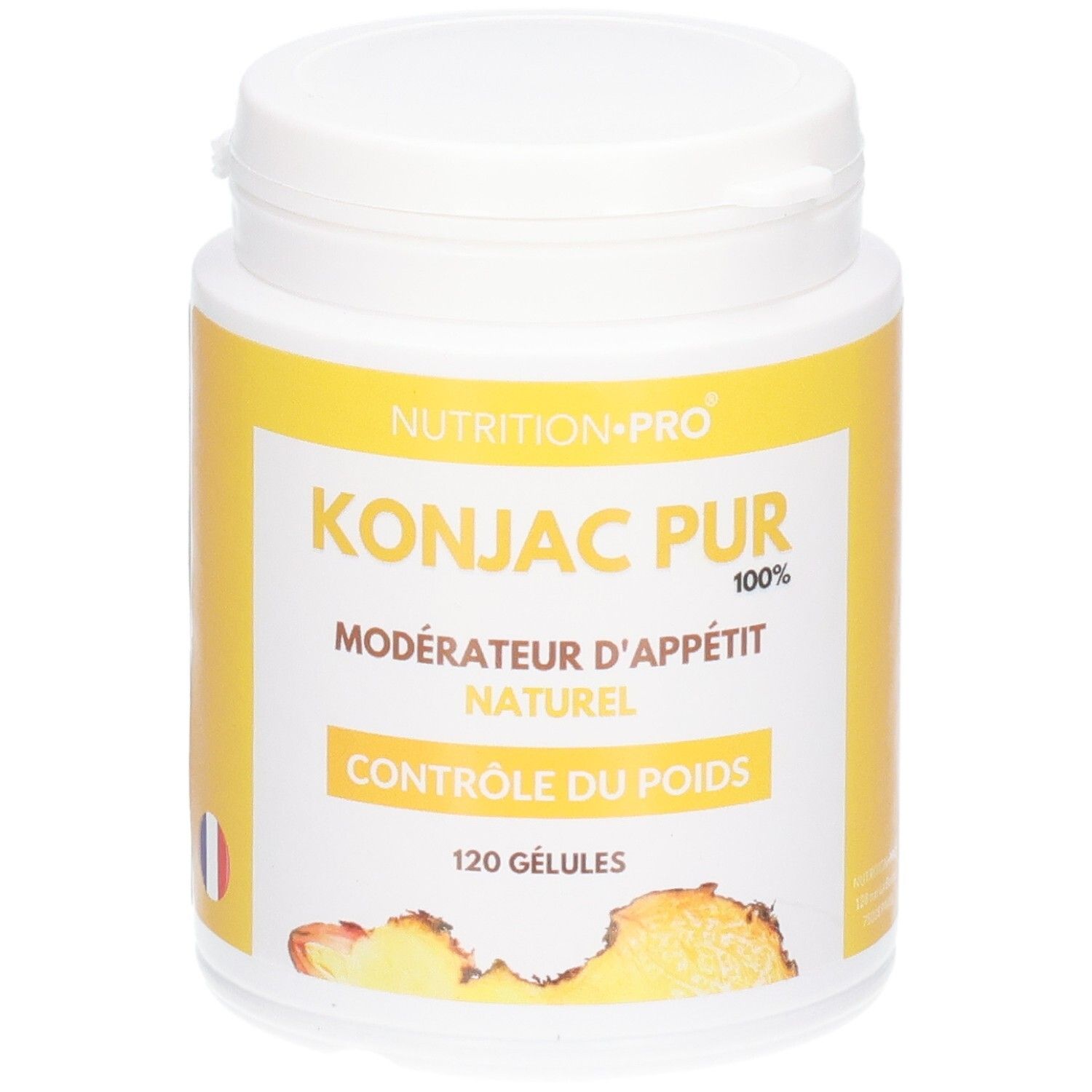 Pot blanc avec étiquette jaune : KONJAC PUR, 120 gélules, avec image de racine de konjac.
