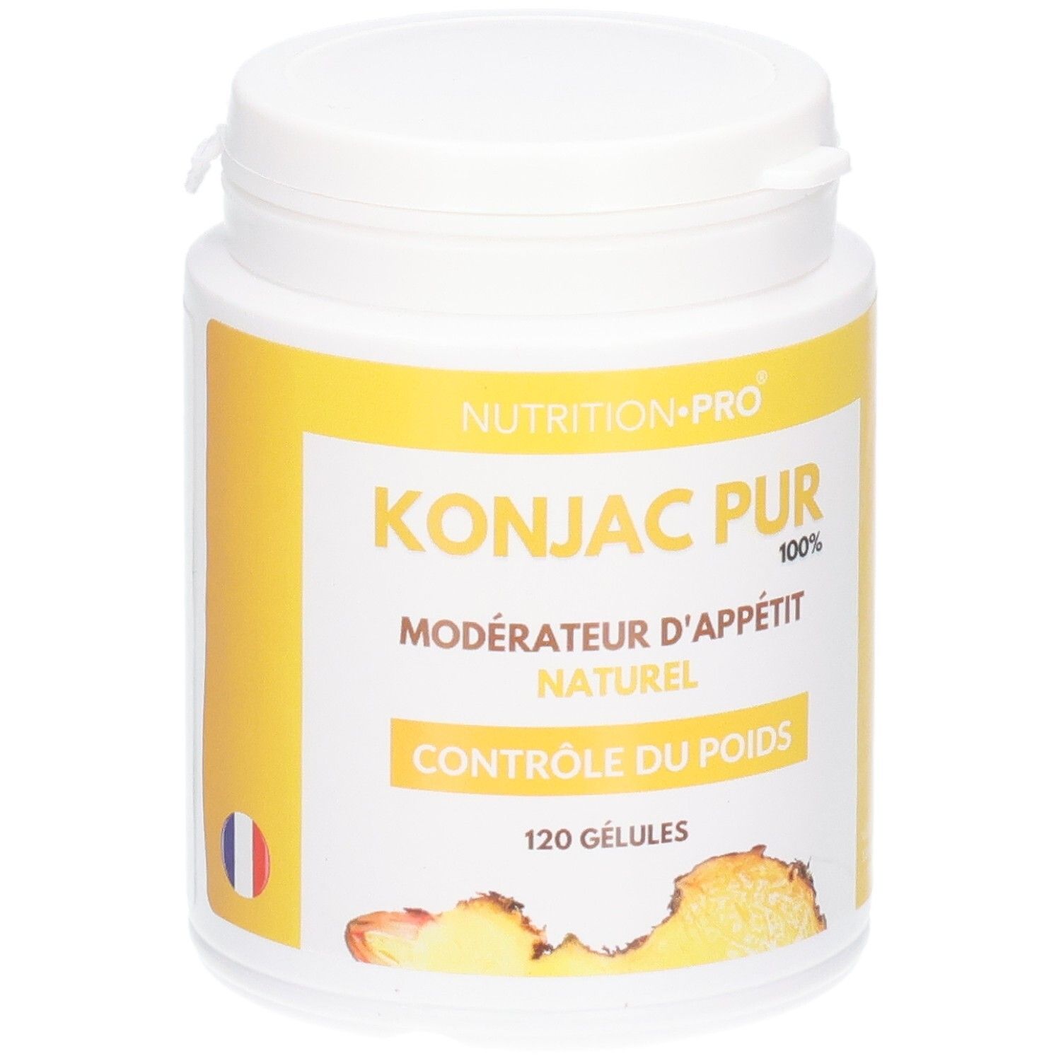 Pot blanc avec étiquette jaune : KONJAC PUR, 120 gélules, avec image de racine de konjac et drapeau français.