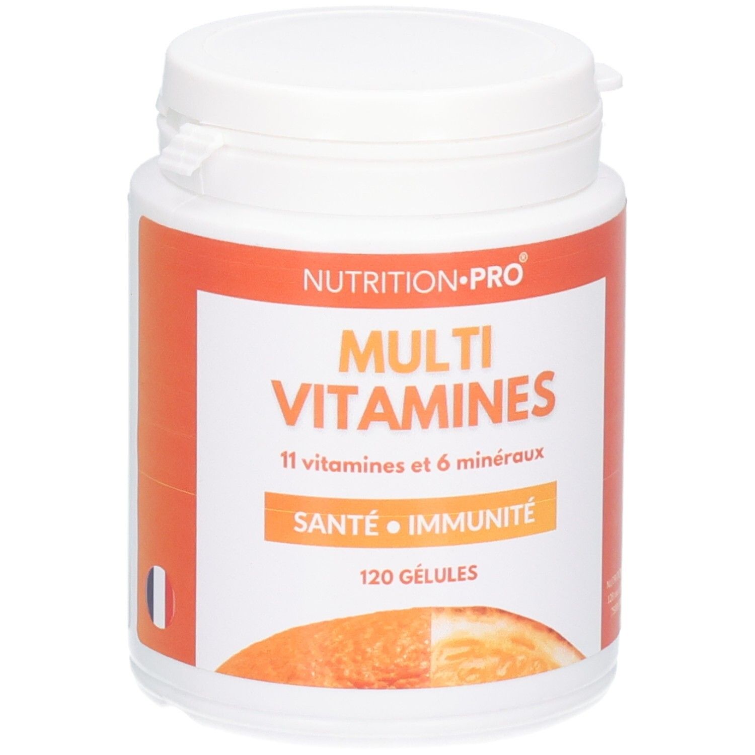Flacon blanc avec étiquette orange. Inscription: MULTI VITAMINES, 11 vitamines et 6 minéraux, SANTE • IMMUNITE, 120 GÉLULES.