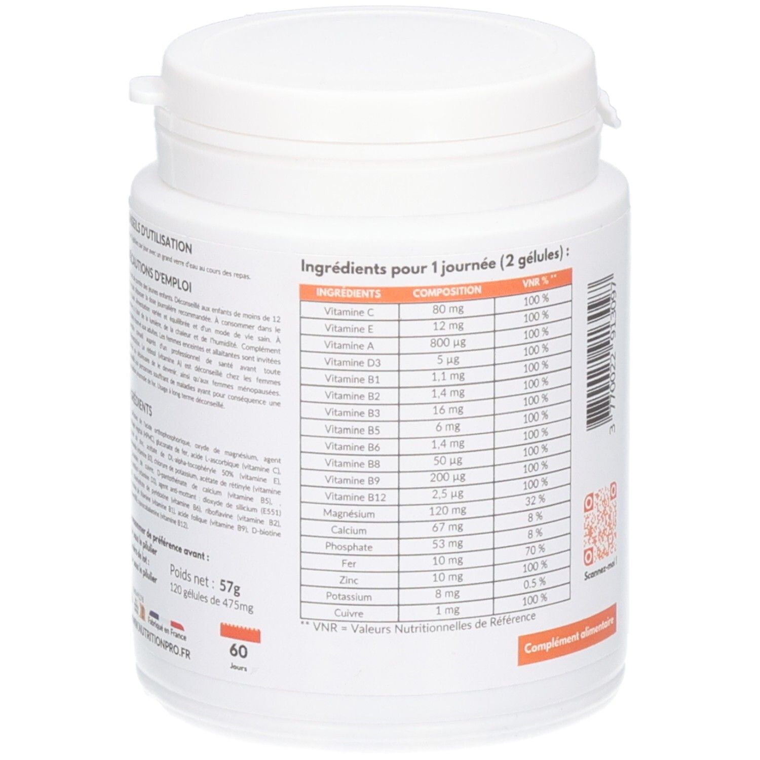 Dos du flacon blanc. Liste des ingrédients et informations nutritionnelles. Texte: Ingrédients pour 1 journée (2 gélules).
