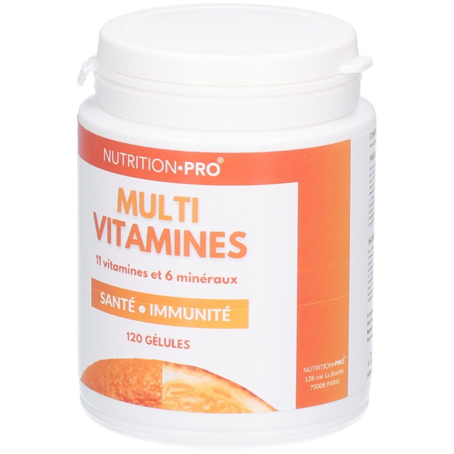 Flacon blanc avec étiquette orange. Inscription: MULTI VITAMINES, 11 vitamines et 6 minéraux, SANTE • IMMUNITE, 120 GÉLULES.