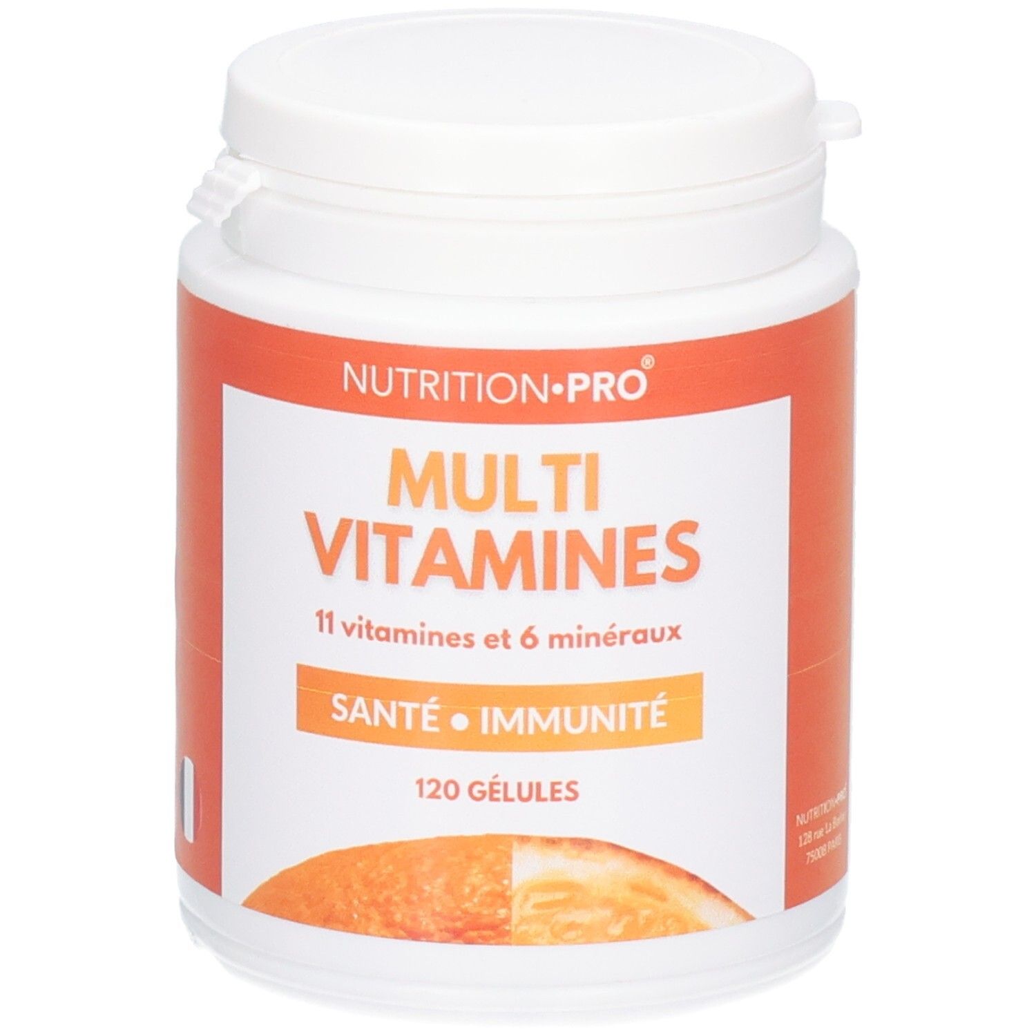 Flacon blanc avec étiquette orange. Inscription: MULTI VITAMINES, 11 vitamines et 6 minéraux, SANTE • IMMUNITE, 120 GÉLULES.