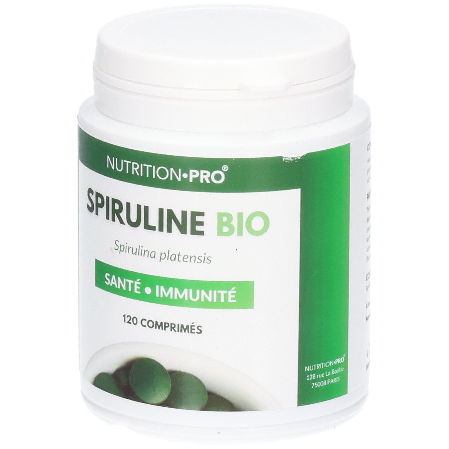 Comprimés Spiruline Bio en pot blanc avec étiquette verte, 120 comprimés.