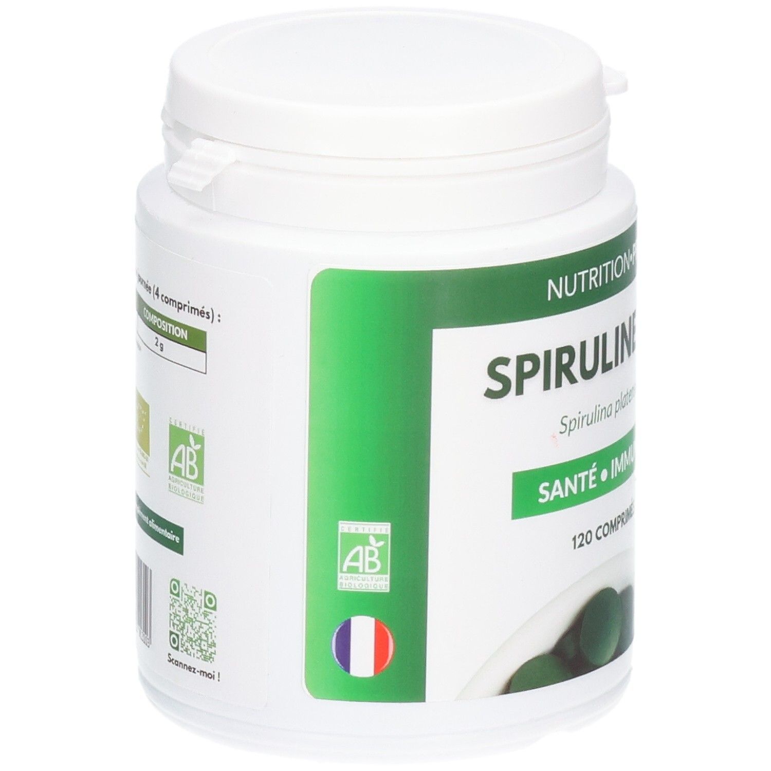 Comprimés Spiruline Bio: Arrière du pot avec logos bio et drapeau français.