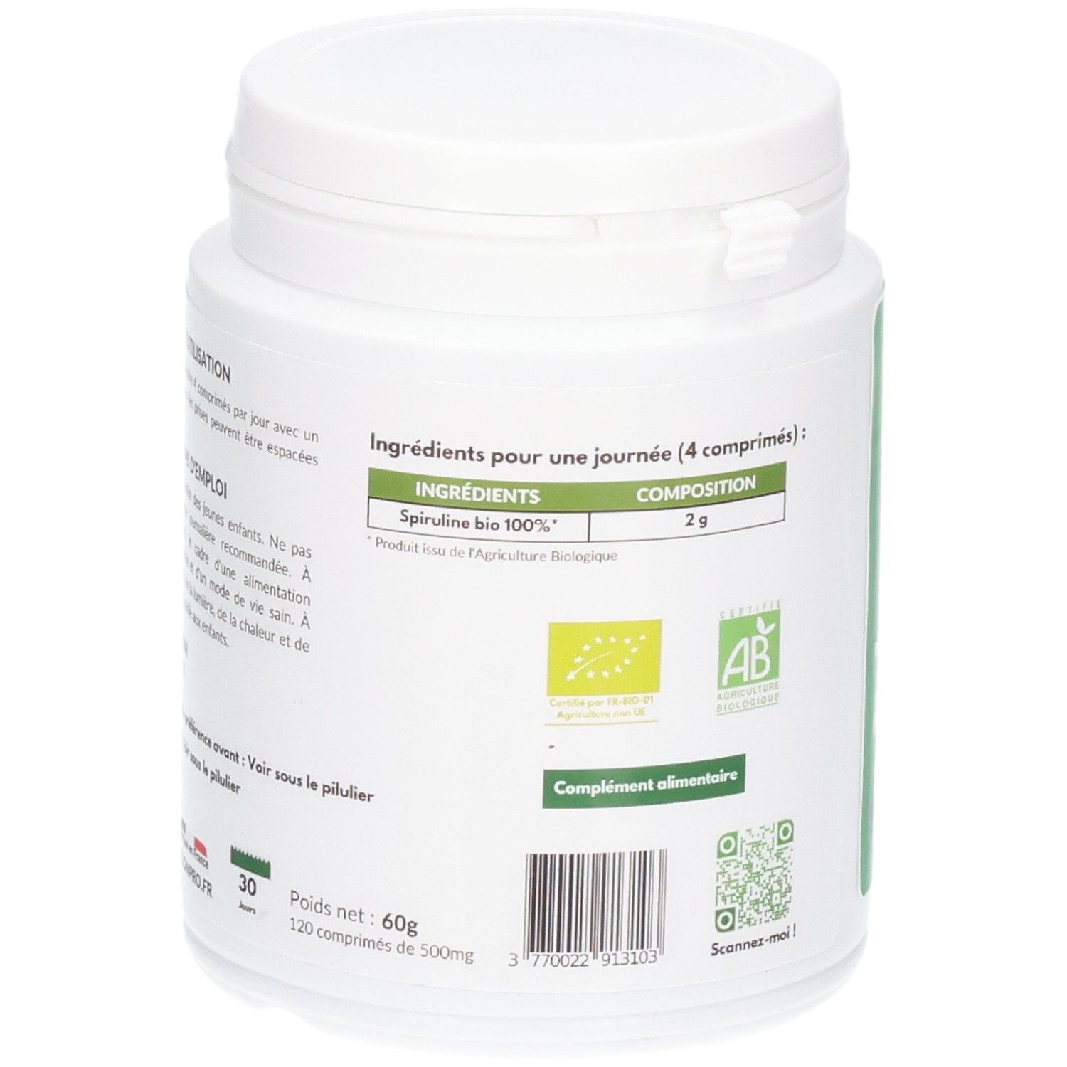Comprimés Spiruline Bio: Arrière avec liste d'ingrédients, logos bio et code-barres.