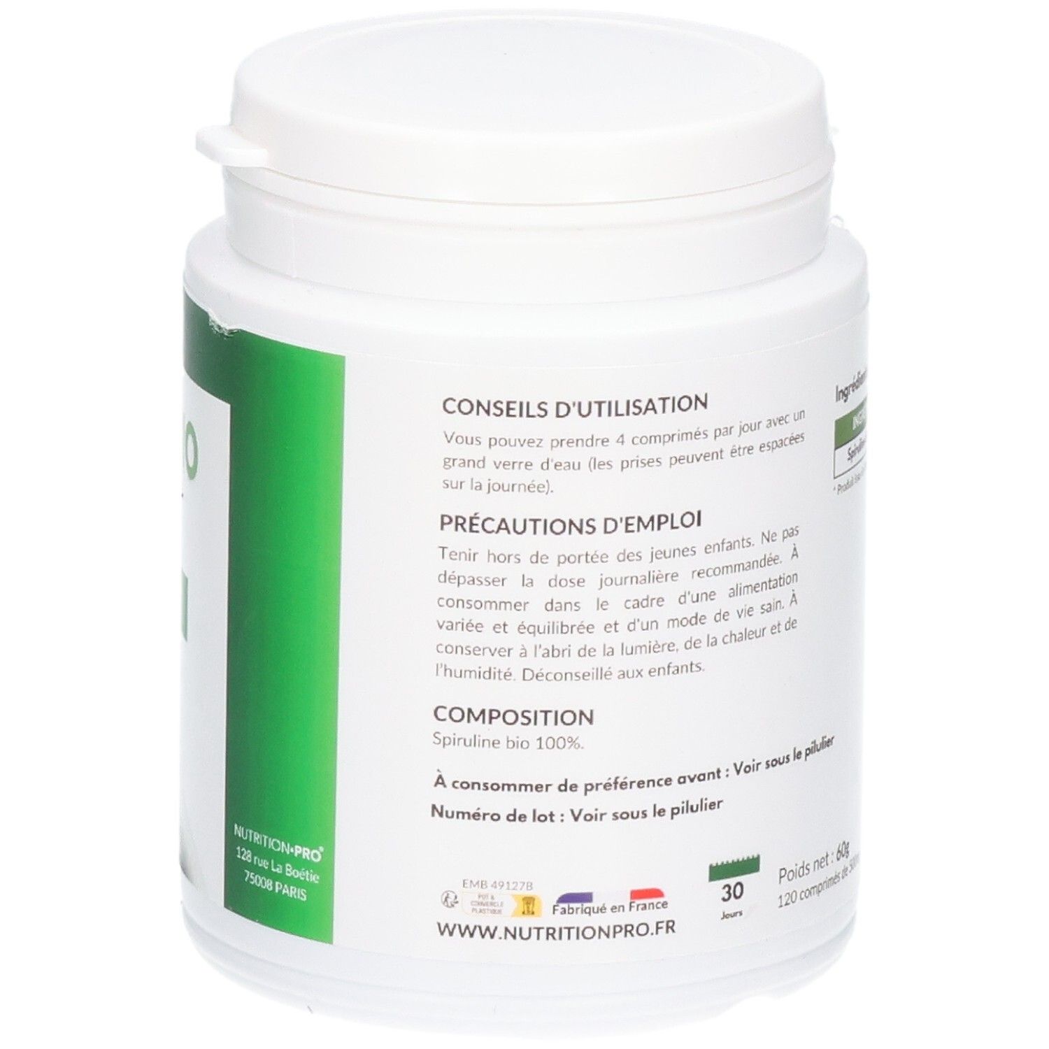 Comprimés Spiruline Bio: Côté avec conseils d'utilisation et pays de fabrication.