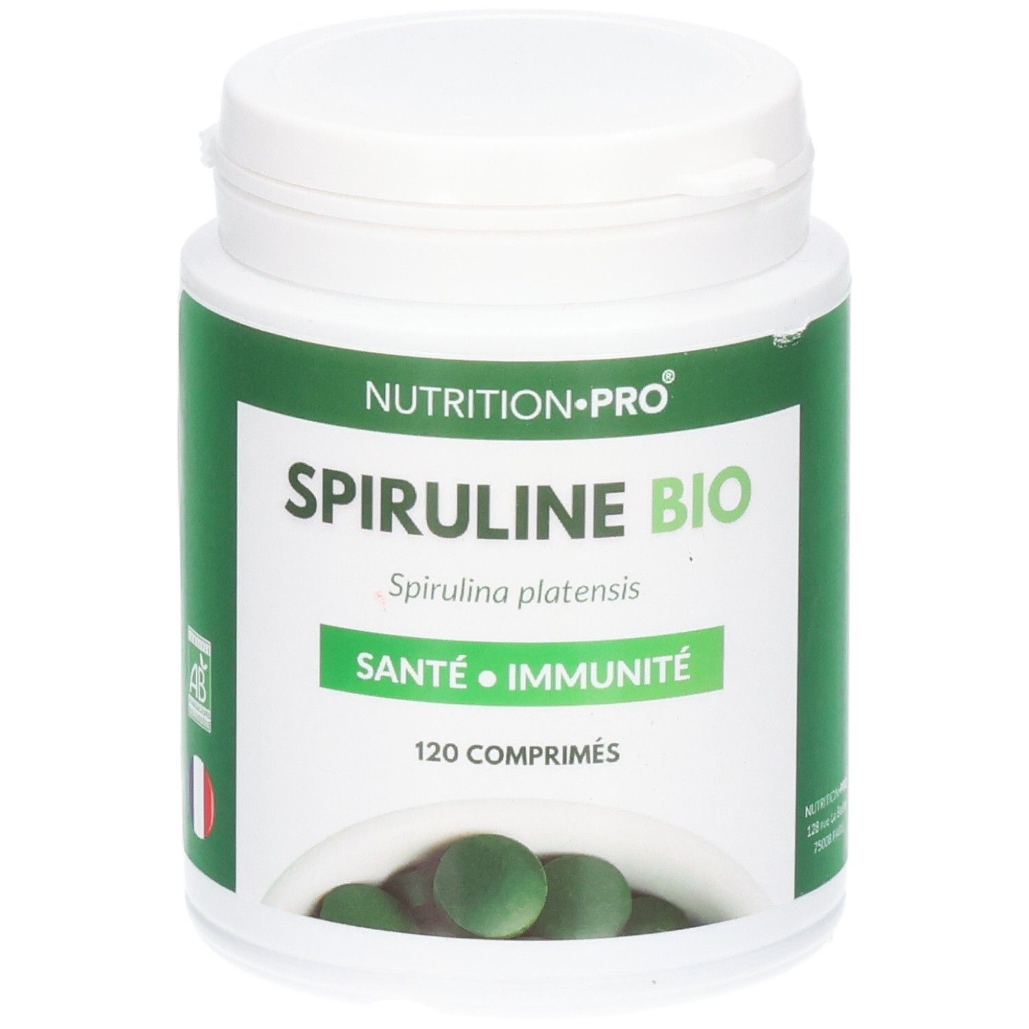 Comprimés Spiruline Bio: Pot blanc avec étiquette verte, 120 comprimés.