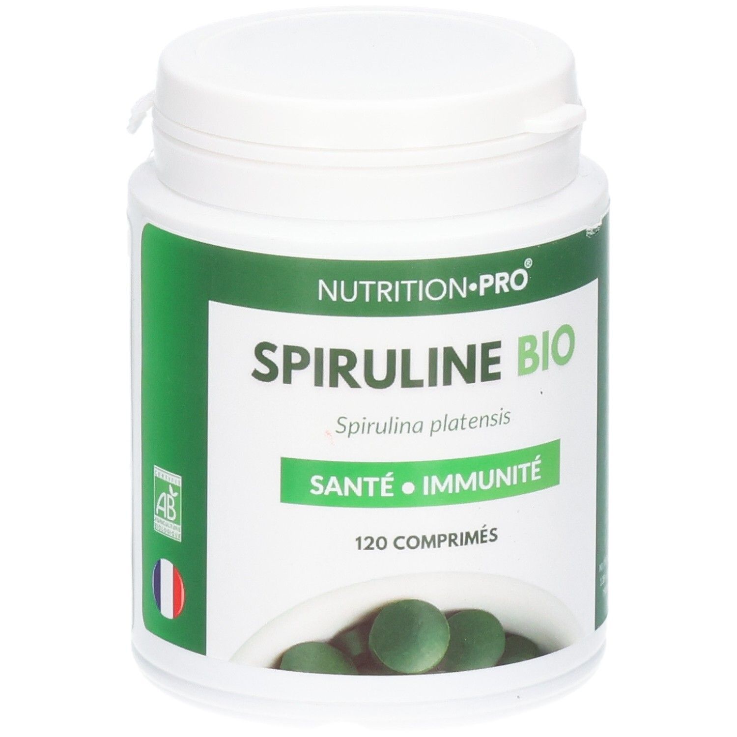 Comprimés Spiruline Bio: Pot avec mention 'Santé Immunité', 120 comprimés.