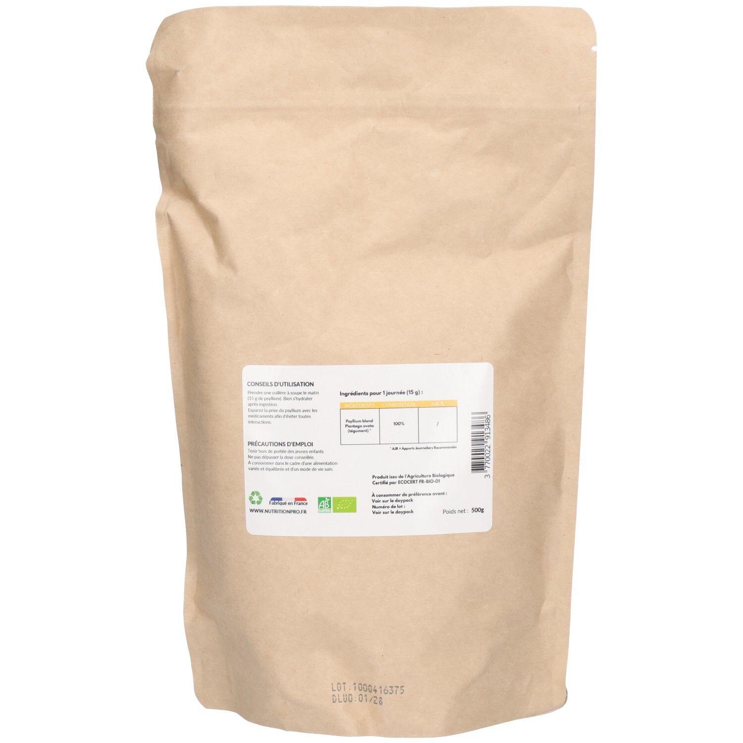 Dos du sachet de poudre de Psyllium Blond Bio. Texte avec instructions d'utilisation et liste des ingrédients. Label bio et logo français.