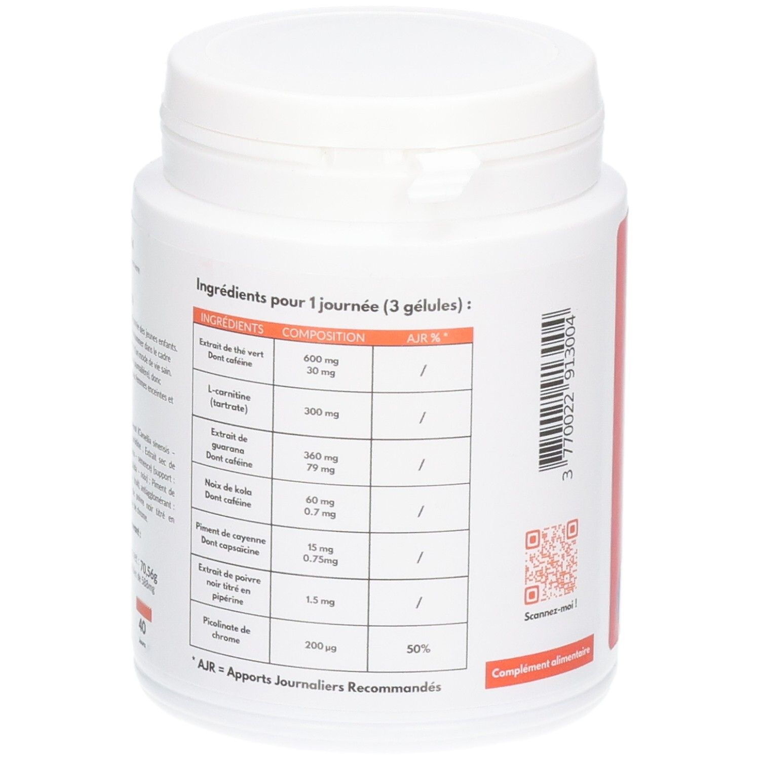 Boîte de gélules ACTIFMINCEUR, verso avec liste des ingrédients et valeurs nutritionnelles.