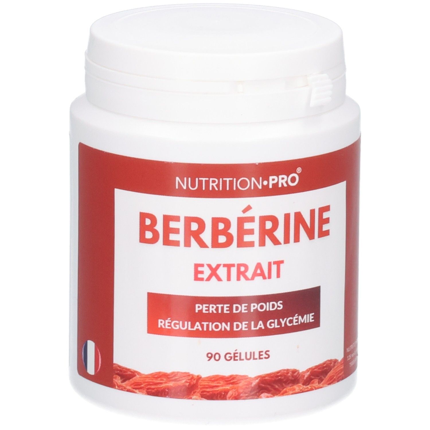 Pot blanc avec étiquette rouge : Berbérine Extrait, 90 gélules.
