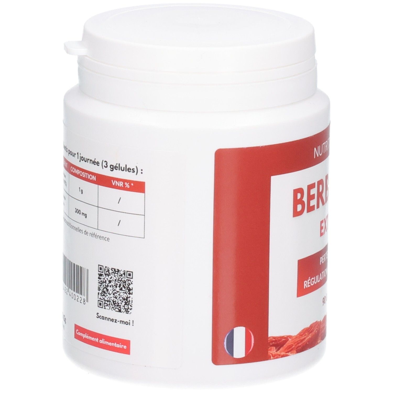 Vue latérale d'un pot blanc avec étiquette rouge : Berbérine Extrait, informations nutritionnelles.