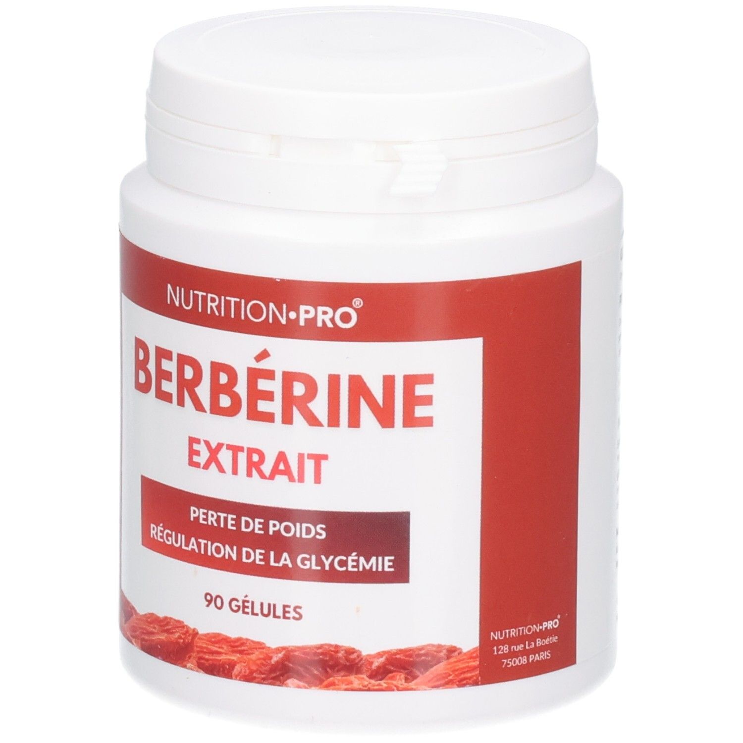Pot blanc avec étiquette rouge : Berbérine Extrait, 90 gélules, décoré de baies de goji.