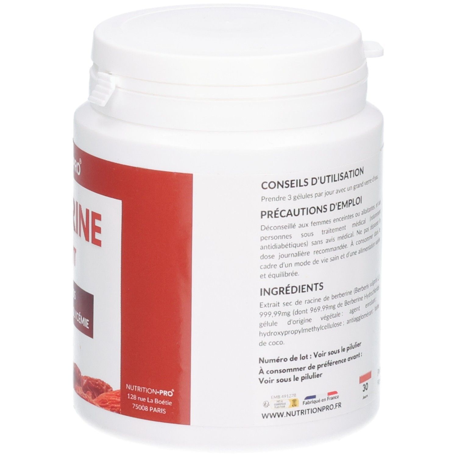 Vue latérale d'un pot blanc avec étiquette rouge : Berbérine Extrait, ingrédients et conseils d'utilisation.