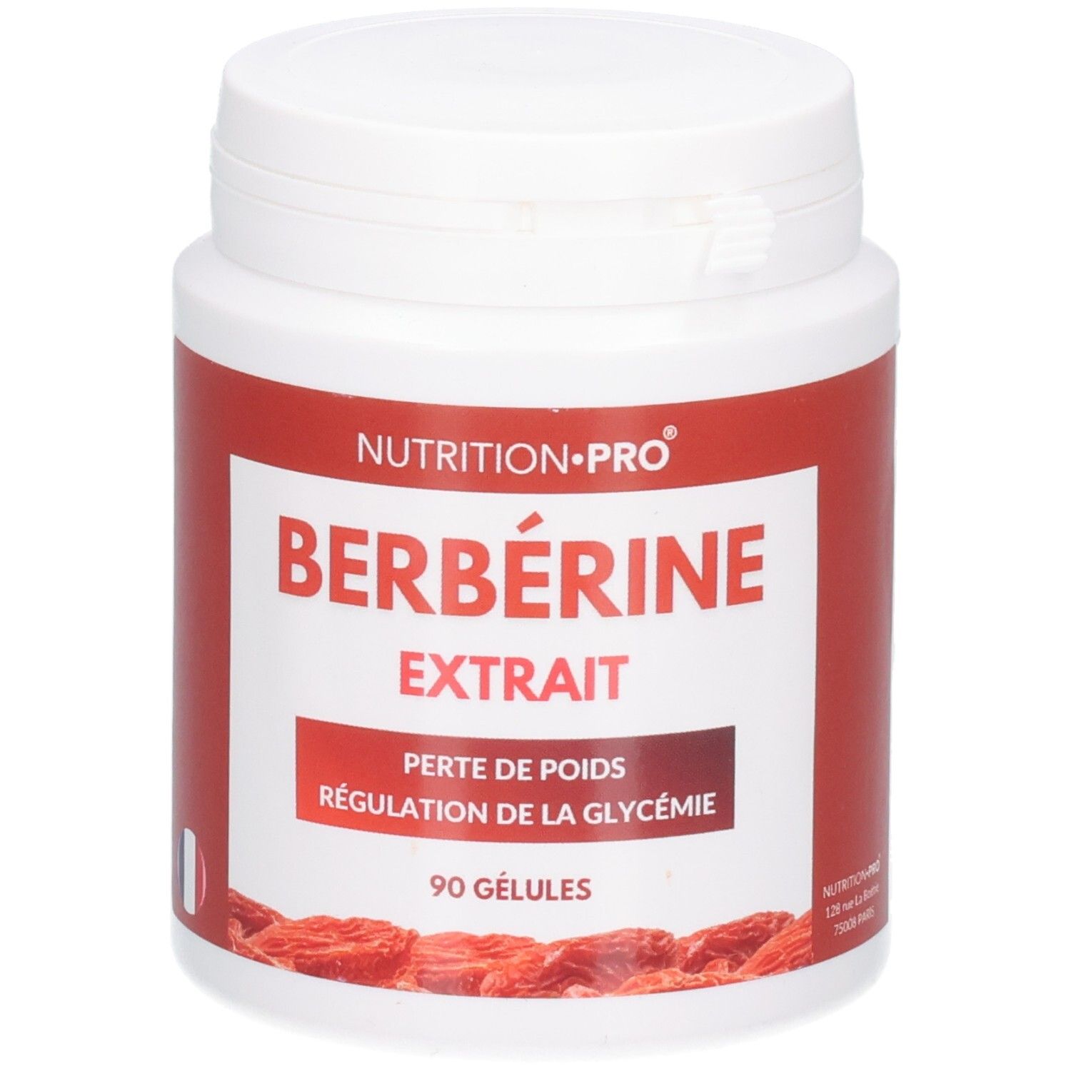 Pot blanc avec étiquette rouge : Berbérine Extrait, 90 gélules, décoré de baies de goji.