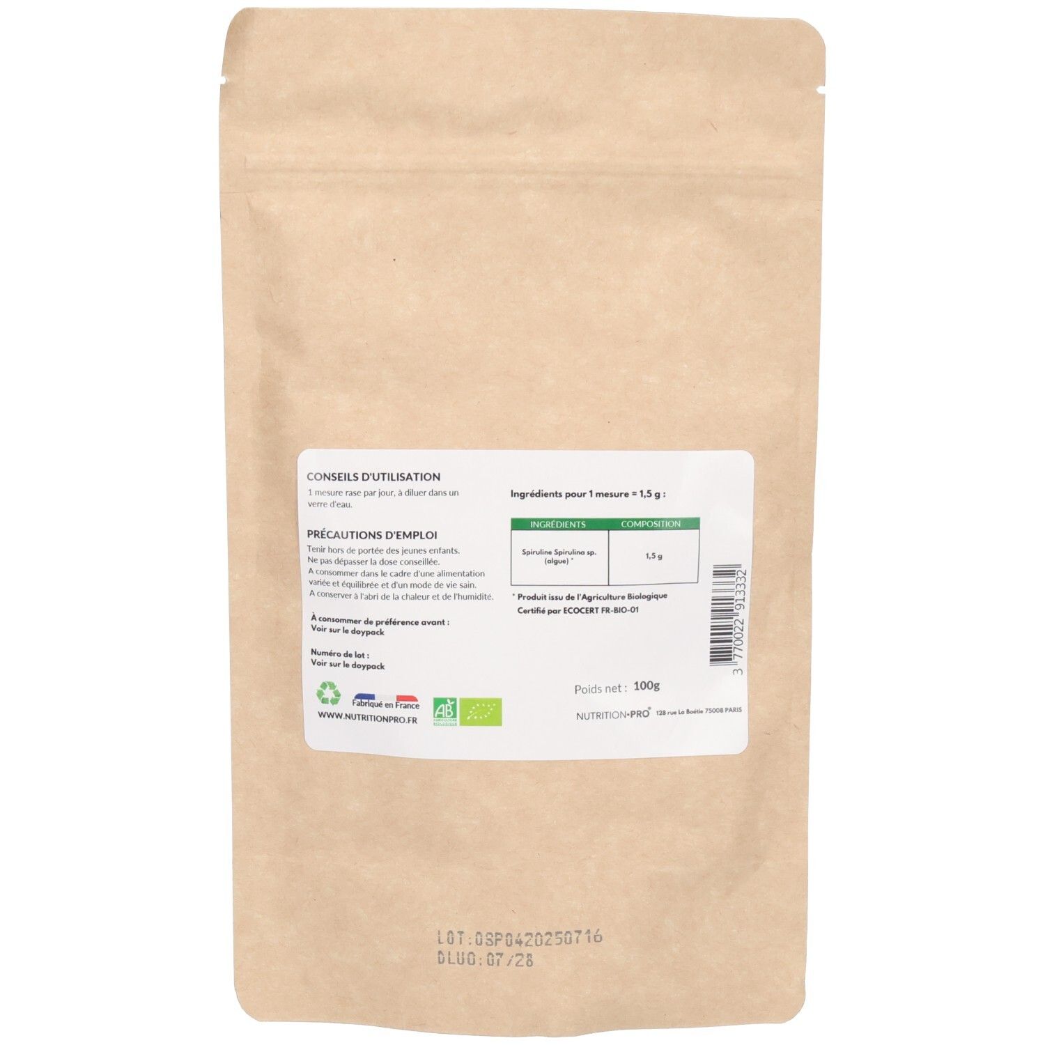 Dos du sachet. Textes: Conseils d'utilisation, Precautions d'emploi. Liste des ingrédients, certification bio, 100g.