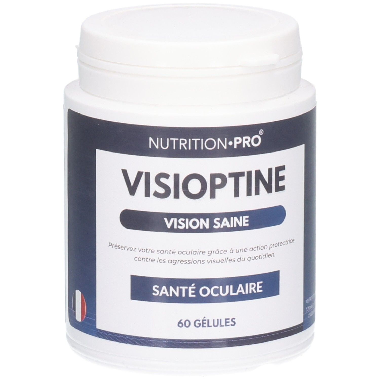 Boîte blanche VISIOPTINE. Inscription: VISION SAINE, SANTÉ OCULAIRE, 60 GÉLULES. Marque: NUTRITION-PRO.
