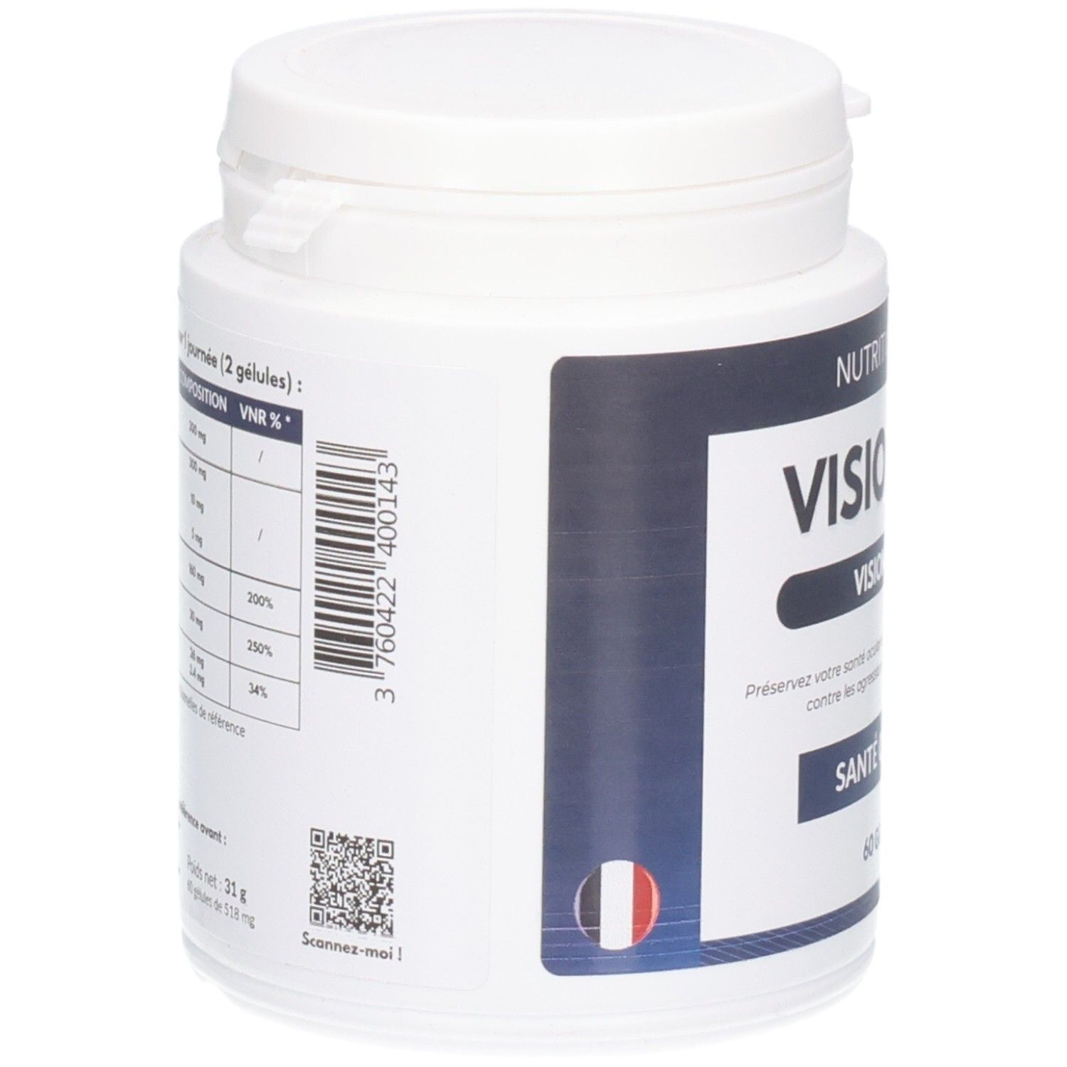 Vue latérale d'une boîte blanche. Texte: VISIOPTINE, liste des ingrédients, code QR. Drapeau français. 60 Gélules.